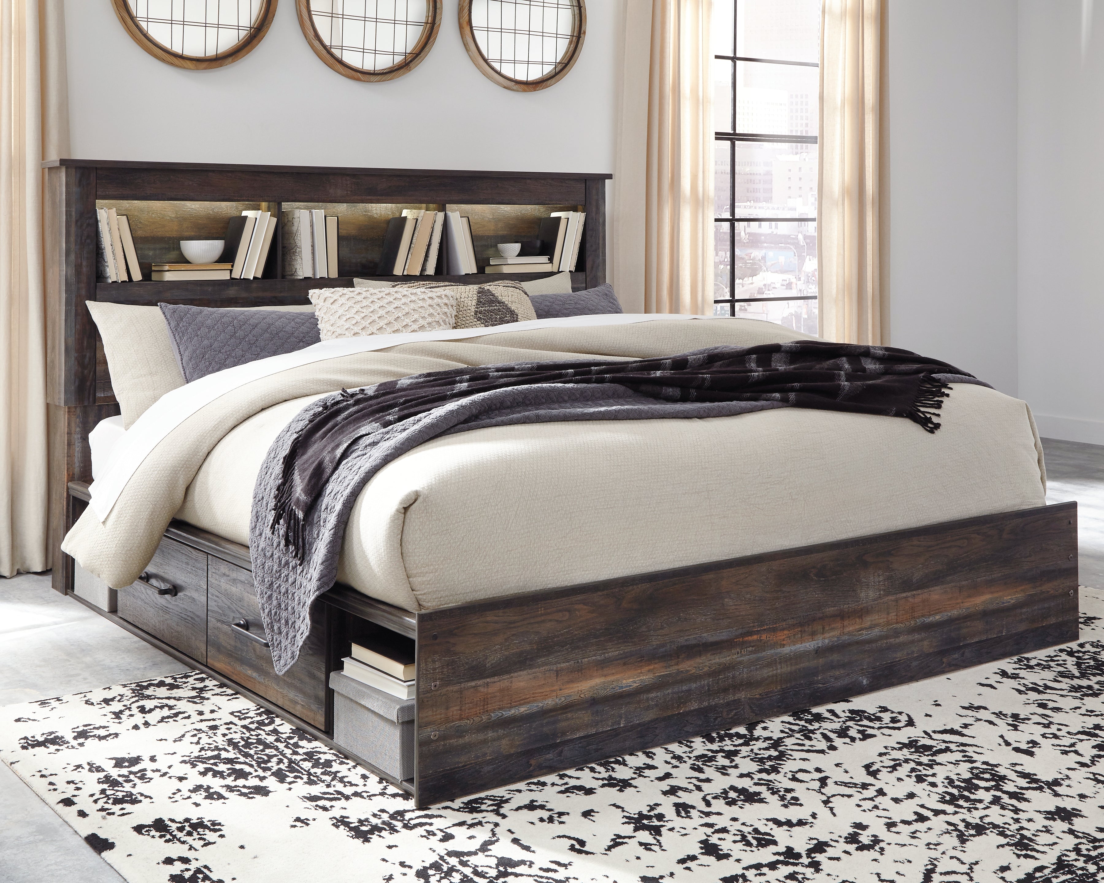 Furniture City Laplace - Ashley Furniture - Drystan Bedroom - King Bookcase Bed with 4 Storage Drawers / Multi - B211B52