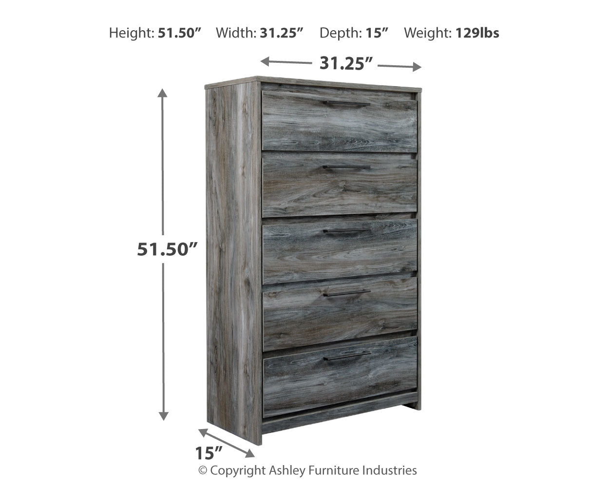 Furniture City Laplace - Ashley Furniture - Baystorm Bedroom - Five Drawer Chest / Gray - B221-46