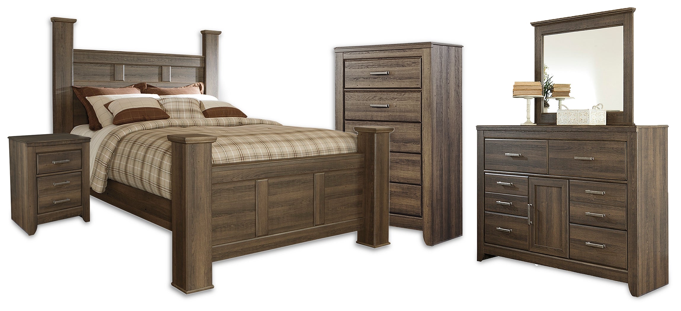 Furniture City Laplace - Ashley Furniture - Juararo Queen Poster Bed, Dresser, Mirror, Chest and Nightstand - Queen Poster Bed, Dresser, Mirror, Chest and Nightstand - B251B42