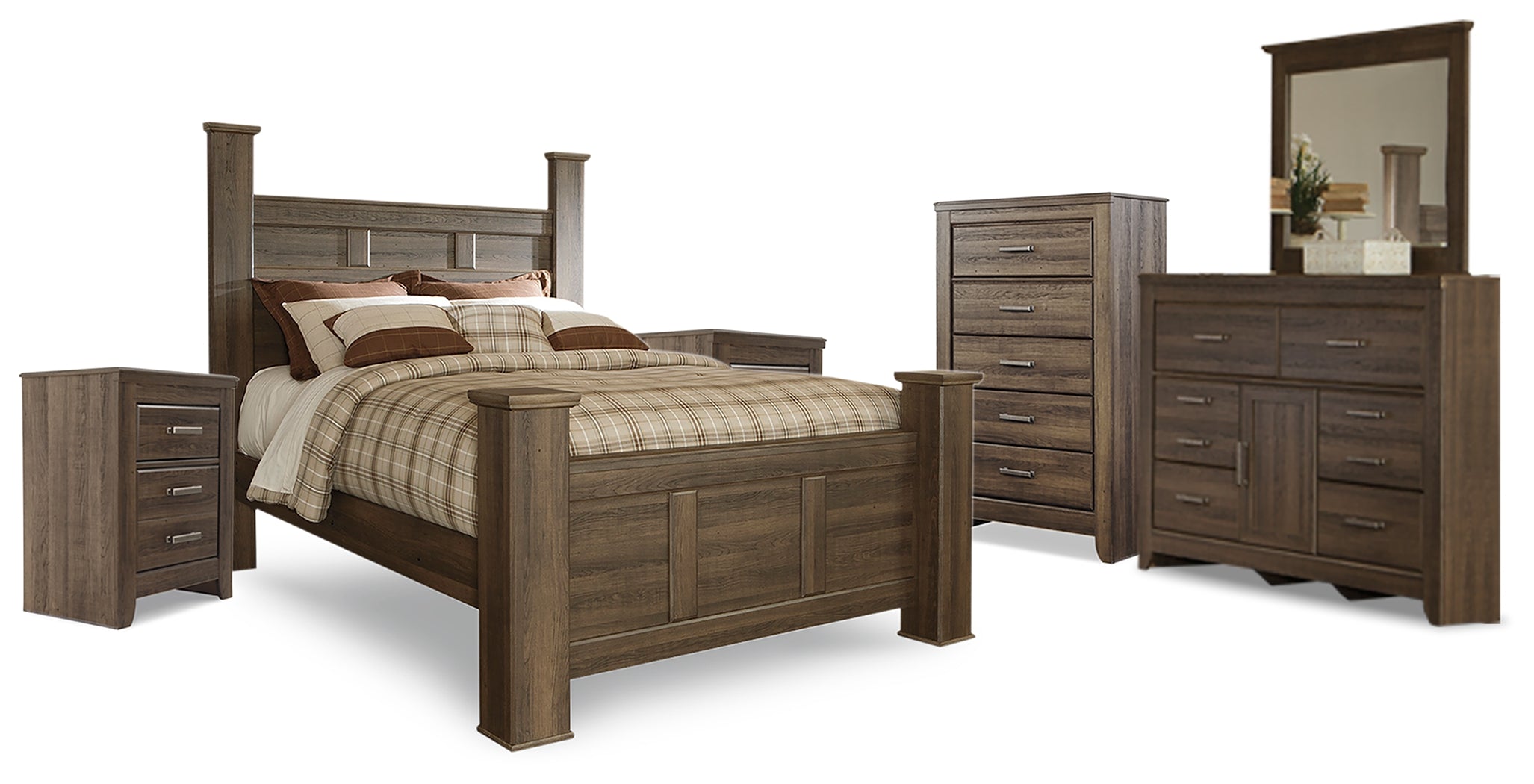 Furniture City Laplace - Ashley Furniture - Juararo Queen Poster Bed, Dresser, Mirror, Chest and 2 Nightstands - Queen Poster Bed, Dresser, Mirror, Chest and 2 Nightstands - B251B26