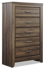 Juararo California King Panel Bed, Dresser, Mirror, Chest and Nightstand