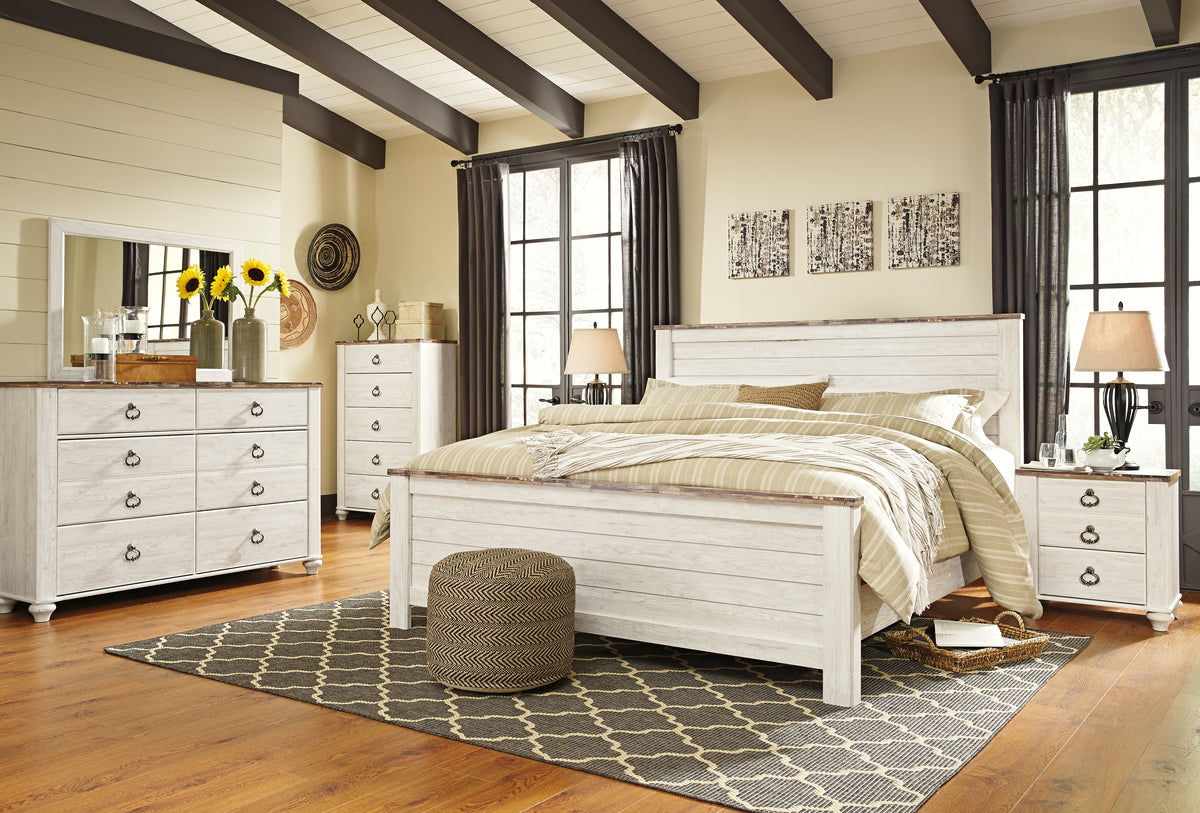 Furniture City Laplace - Ashley Furniture - Willowton King Panel Bed, Dresser, Mirror, Chest and 2 Nightstands - King Panel Bed, Dresser, Mirror, Chest and 2 Nightstands - B267B45