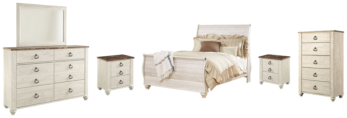 Furniture City Laplace - Ashley Furniture - Willowton Queen Sleigh Bed, Dresser, Mirror, Chest and 2 Nightstands - Queen Sleigh Bed, Dresser, Mirror, Chest and 2 Nightstands - B267B56