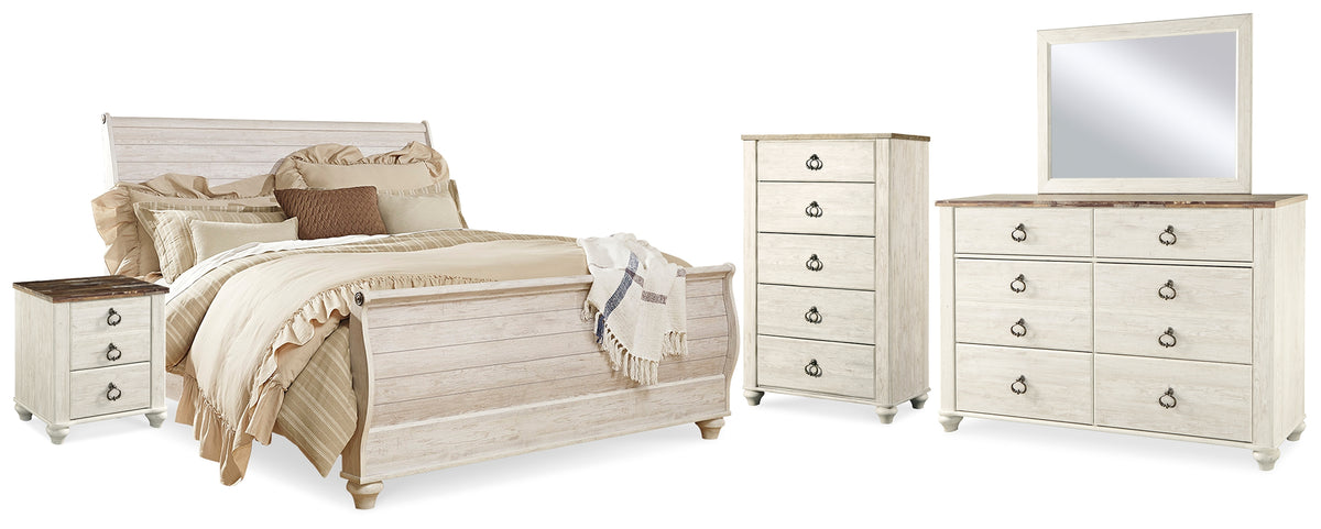 Furniture City Laplace - Ashley Furniture - Willowton King Sleigh Bed, Dresser, Mirror, Chest and 2 Nightstands - King Sleigh Bed, Dresser, Mirror, Chest and 2 Nightstands - B267B44