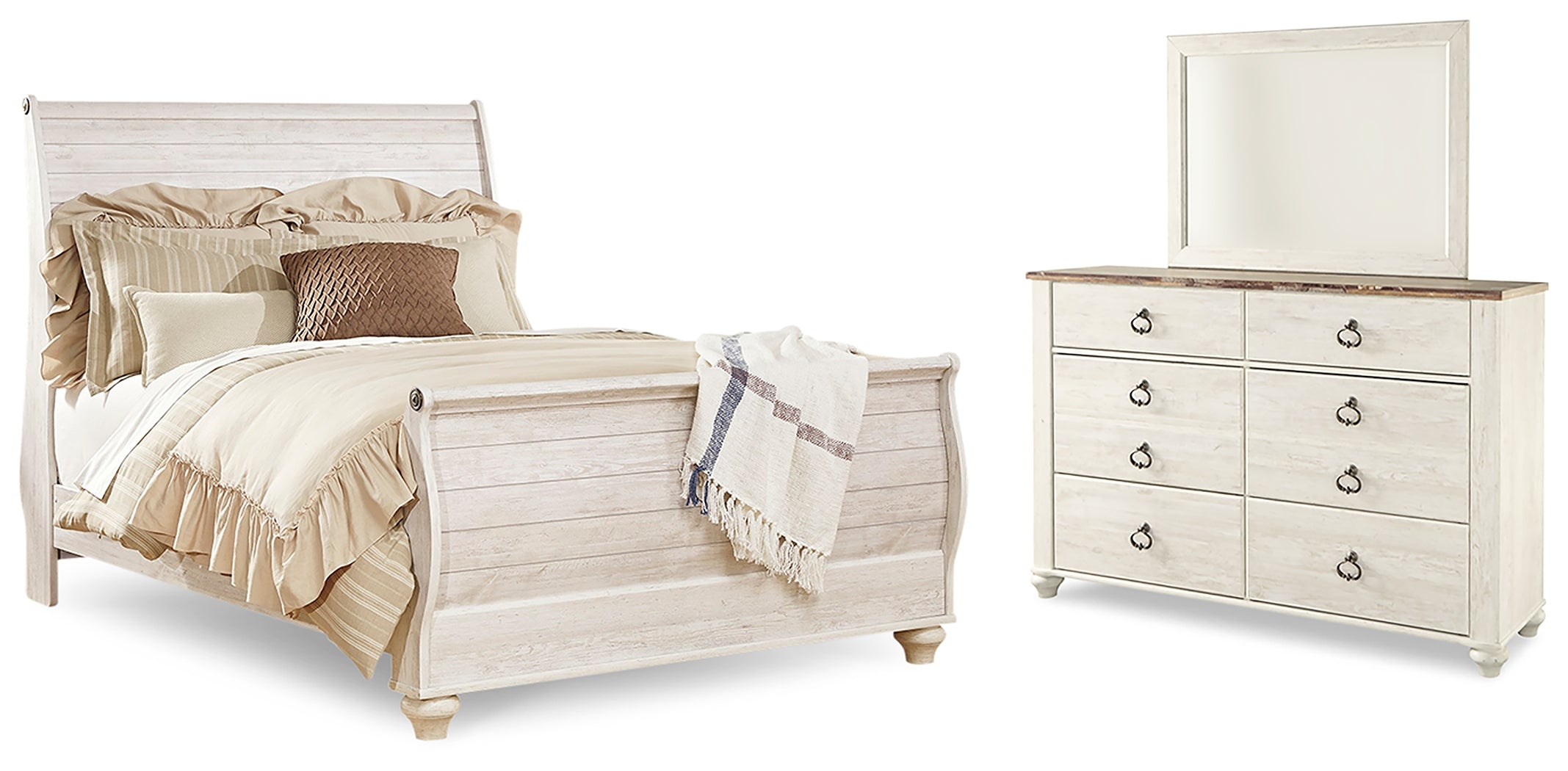 Furniture City Laplace - Ashley Furniture - Willowton Queen Sleigh Bed, Dresser and Mirror - Queen Sleigh Bed, Dresser and Mirror / Whitewash - B267B7
