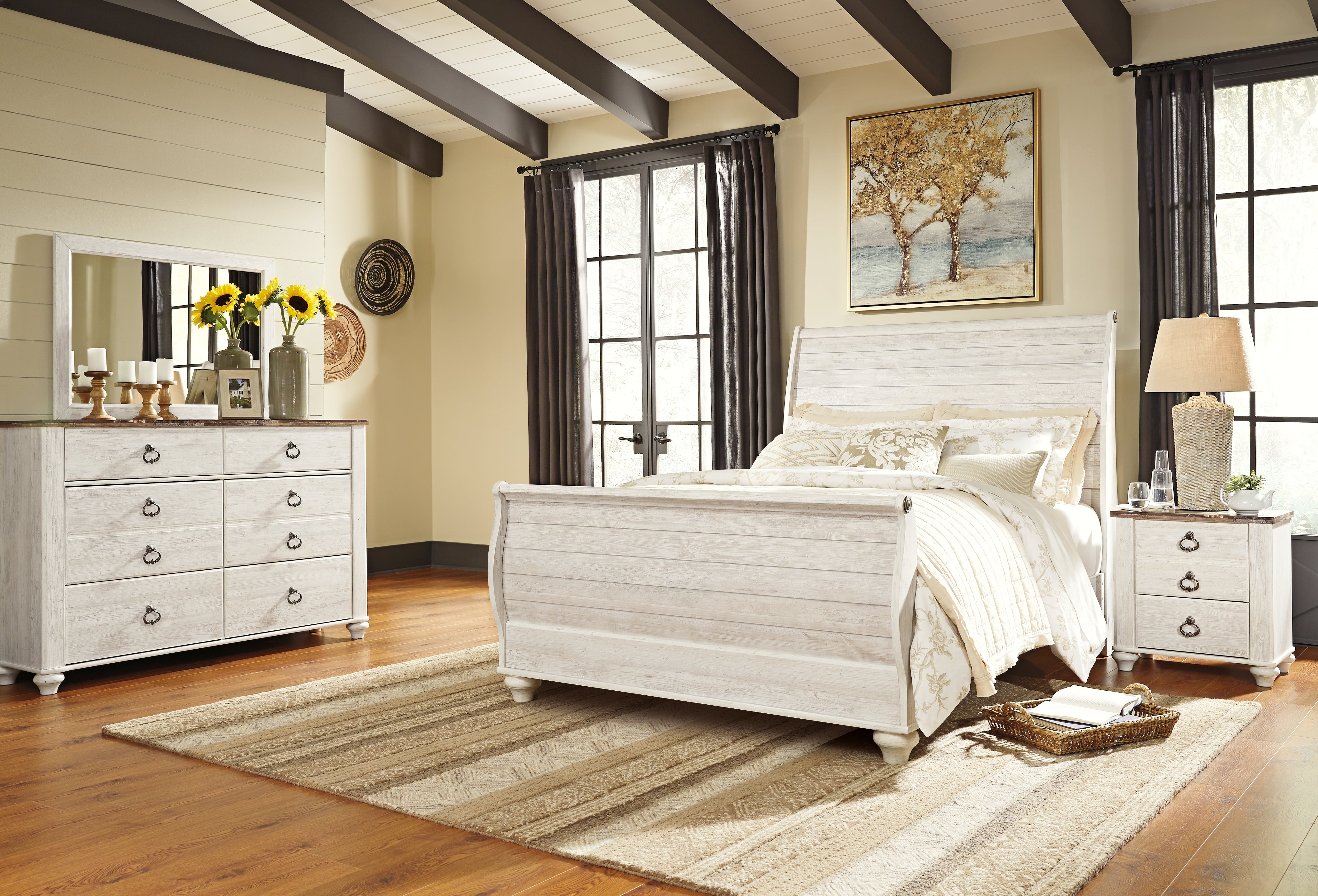 Furniture City Laplace - Ashley Furniture - Willowton Queen Sleigh Bed with Mirrored Dresser and Nightstand - Queen Sleigh Bed with Mirrored Dresser and Nightstand / Whitewash - B267B32