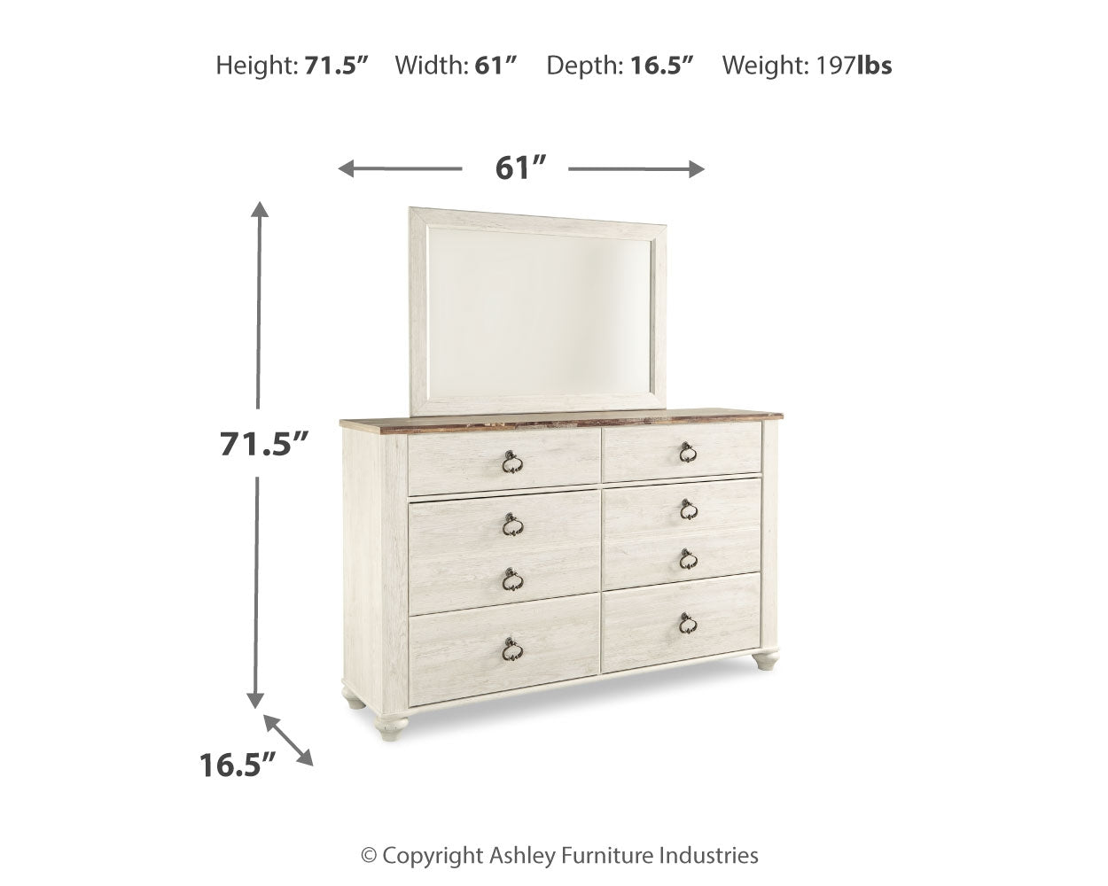 Furniture City Laplace - Ashley Furniture - Willowton Bedroom - Dresser and Mirror / Whitewash - B267B1