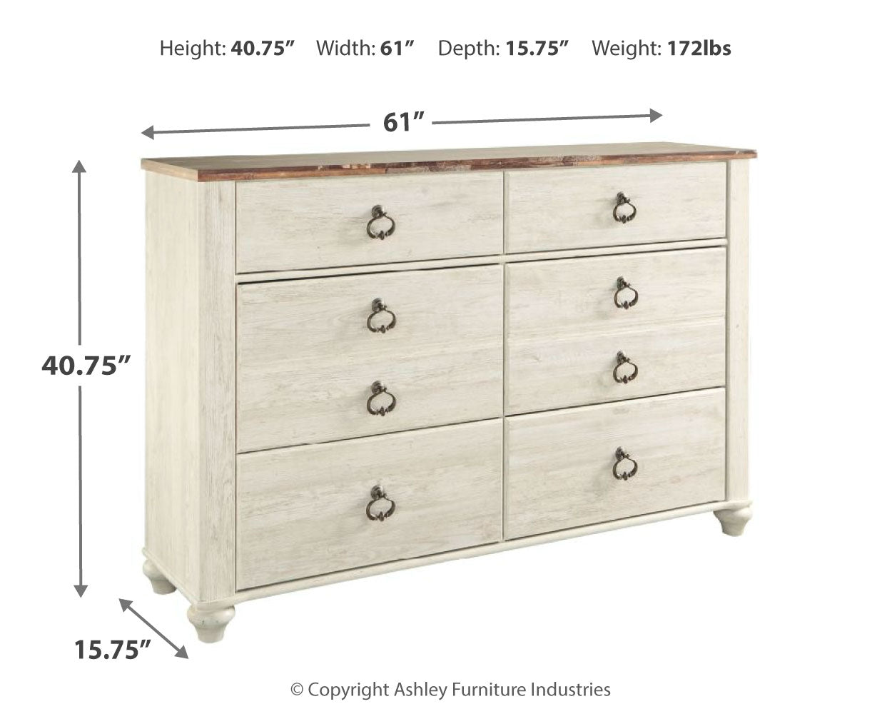 Furniture City Laplace - Ashley Furniture - Willowton Bedroom - Six Drawer Dresser / Whitewash - B267-31