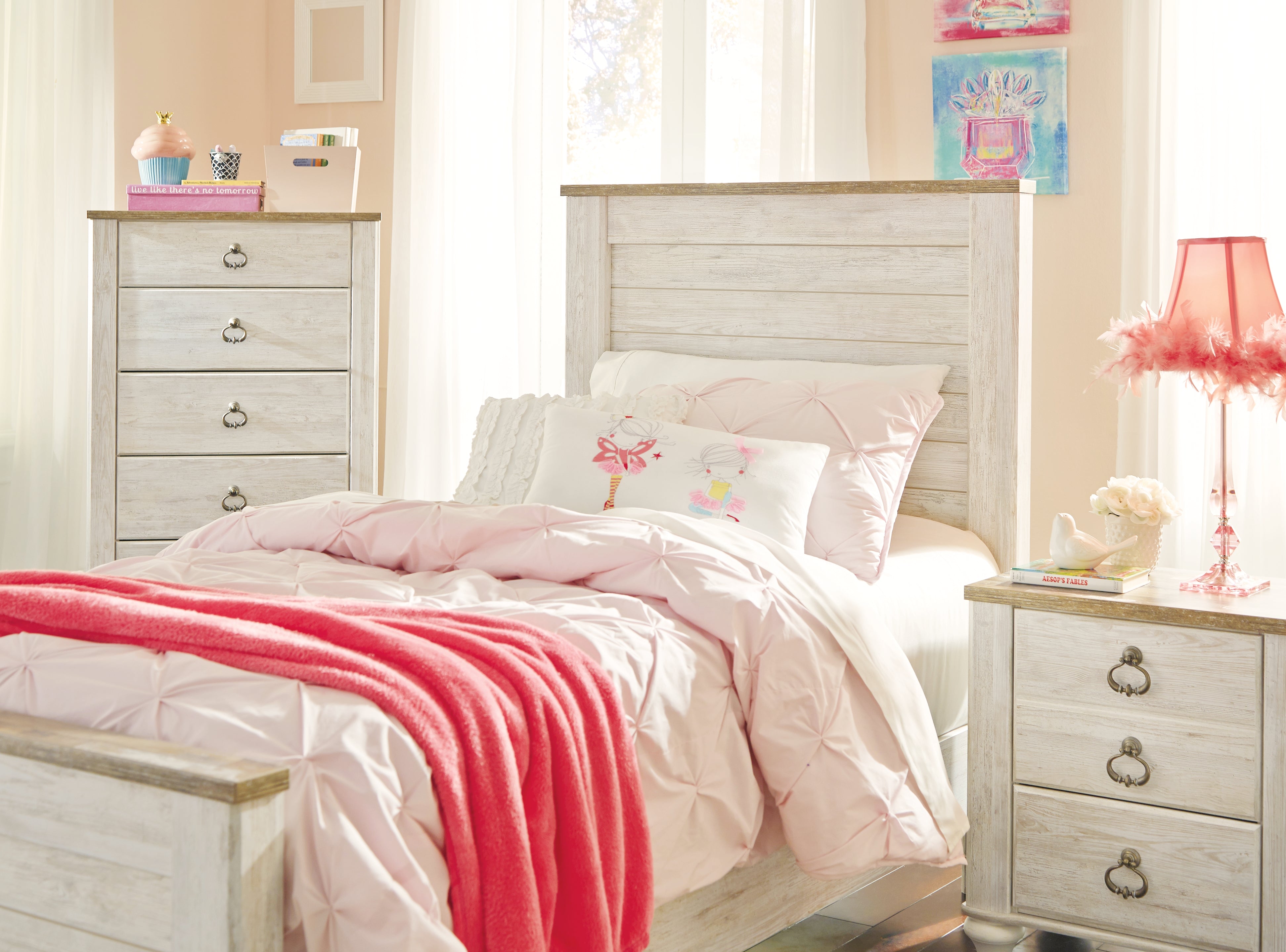 Furniture City Laplace - Ashley Furniture - Willowton Bedroom - Twin Panel Bed / Whitewash - B267B15