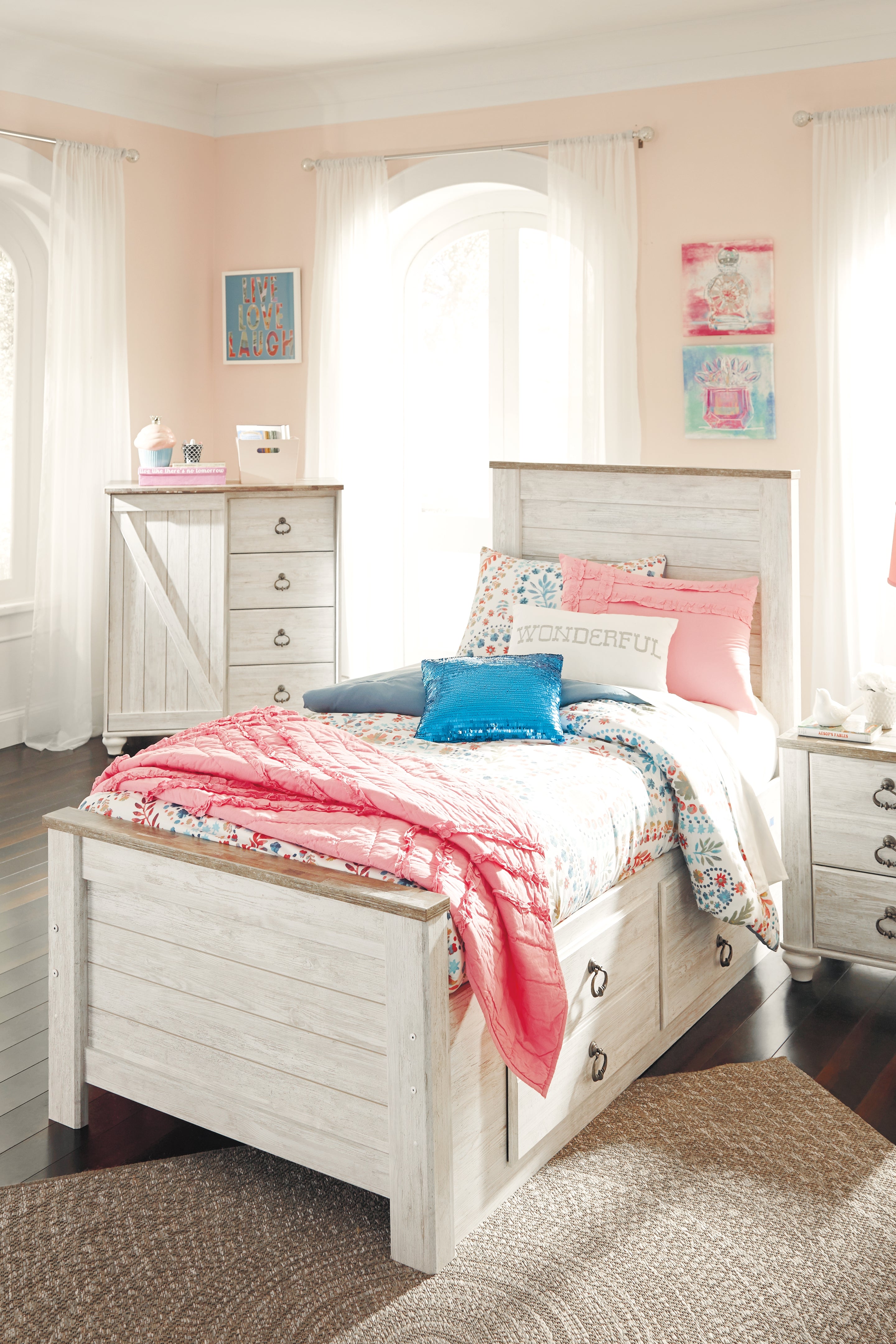 Furniture City Laplace - Ashley Furniture - Willowton Bedroom - Twin Panel Bed with 2 Storage Drawers / Whitewash - B267B21