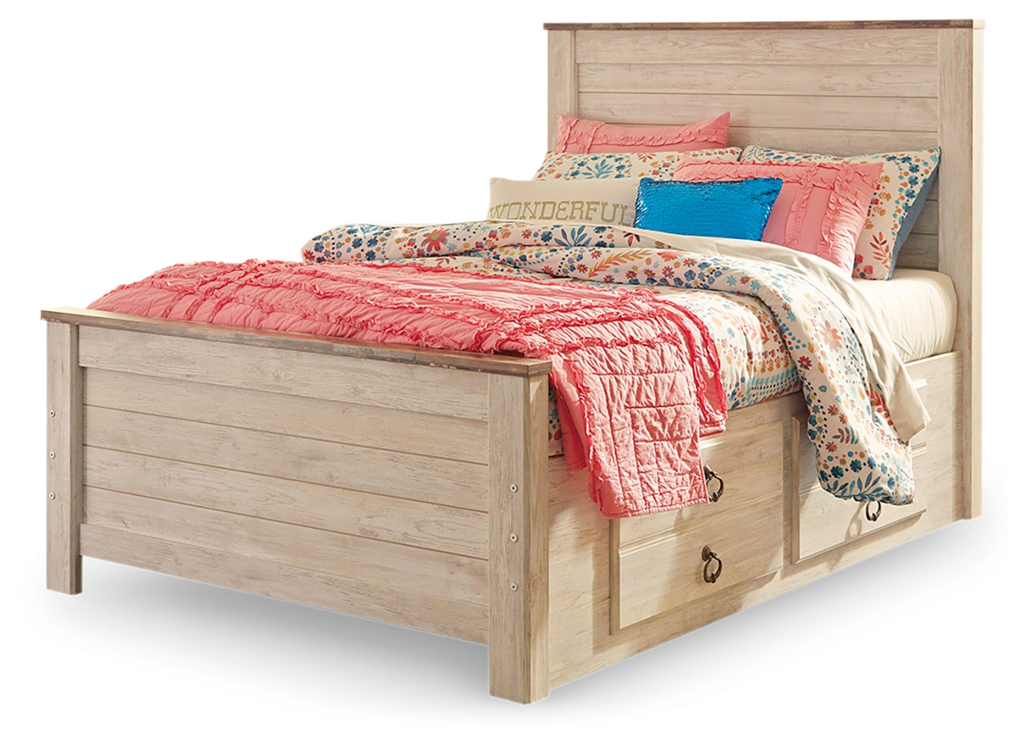 Furniture City Laplace - Ashley Furniture - Willowton Bedroom - Twin Panel Bed with 2 Storage Drawers / Whitewash - B267B21