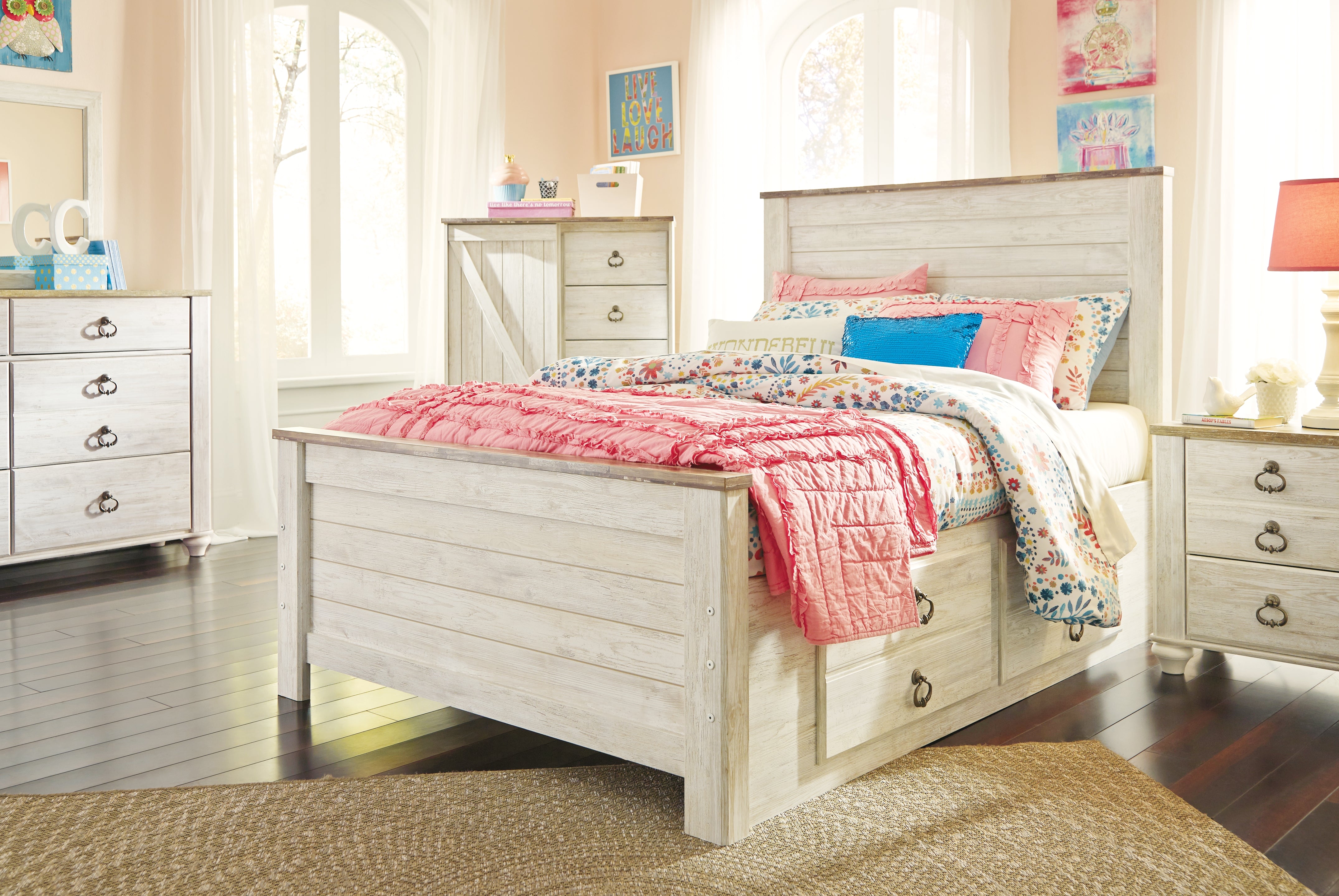Furniture City Laplace - Ashley Furniture - Willowton Bedroom - Full Panel Bed with 2 Storage Drawers / Whitewash - B267B22