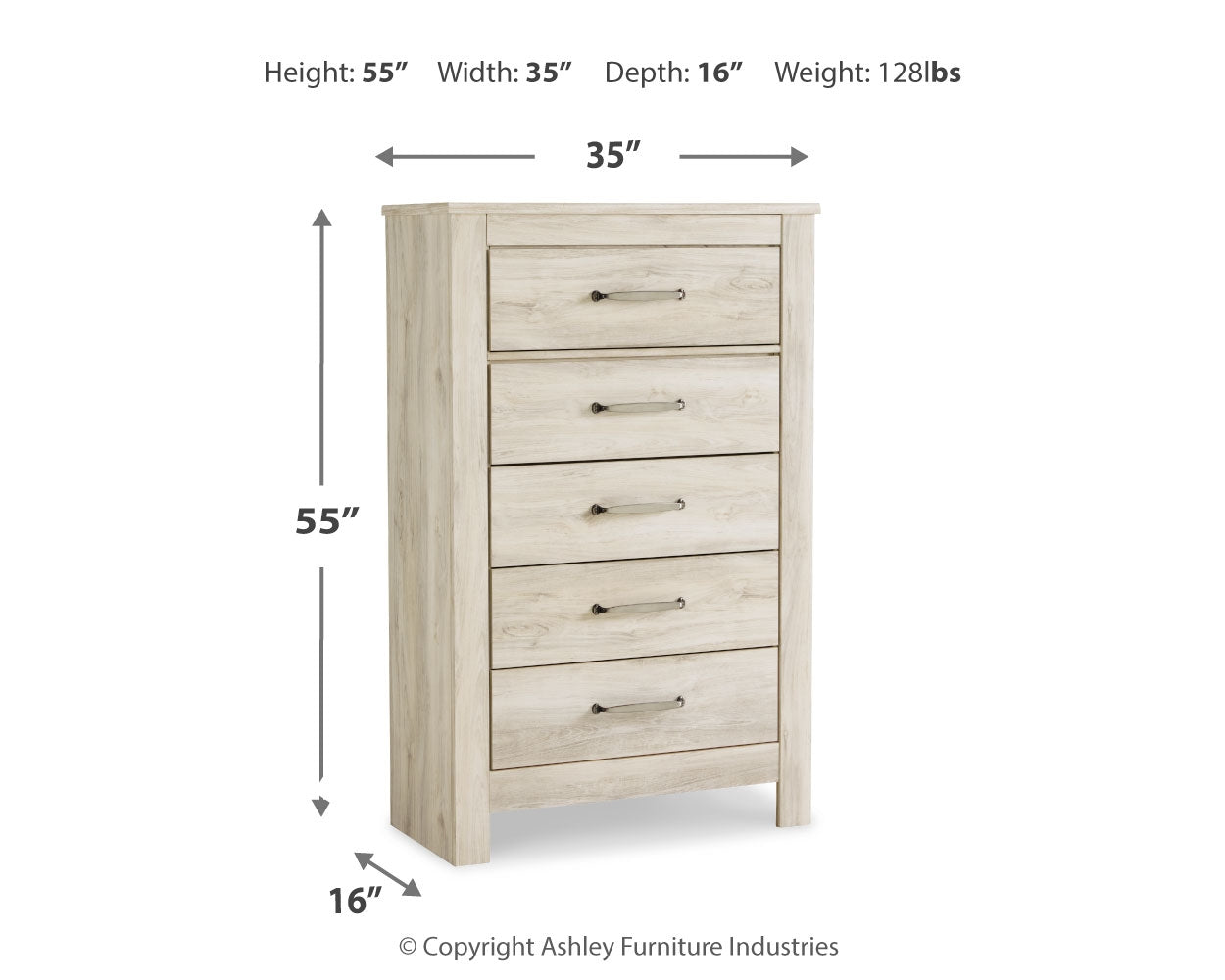 Furniture City Laplace - Ashley Furniture - Bellaby Bedroom - Five Drawer Chest / Whitewash - B331-46