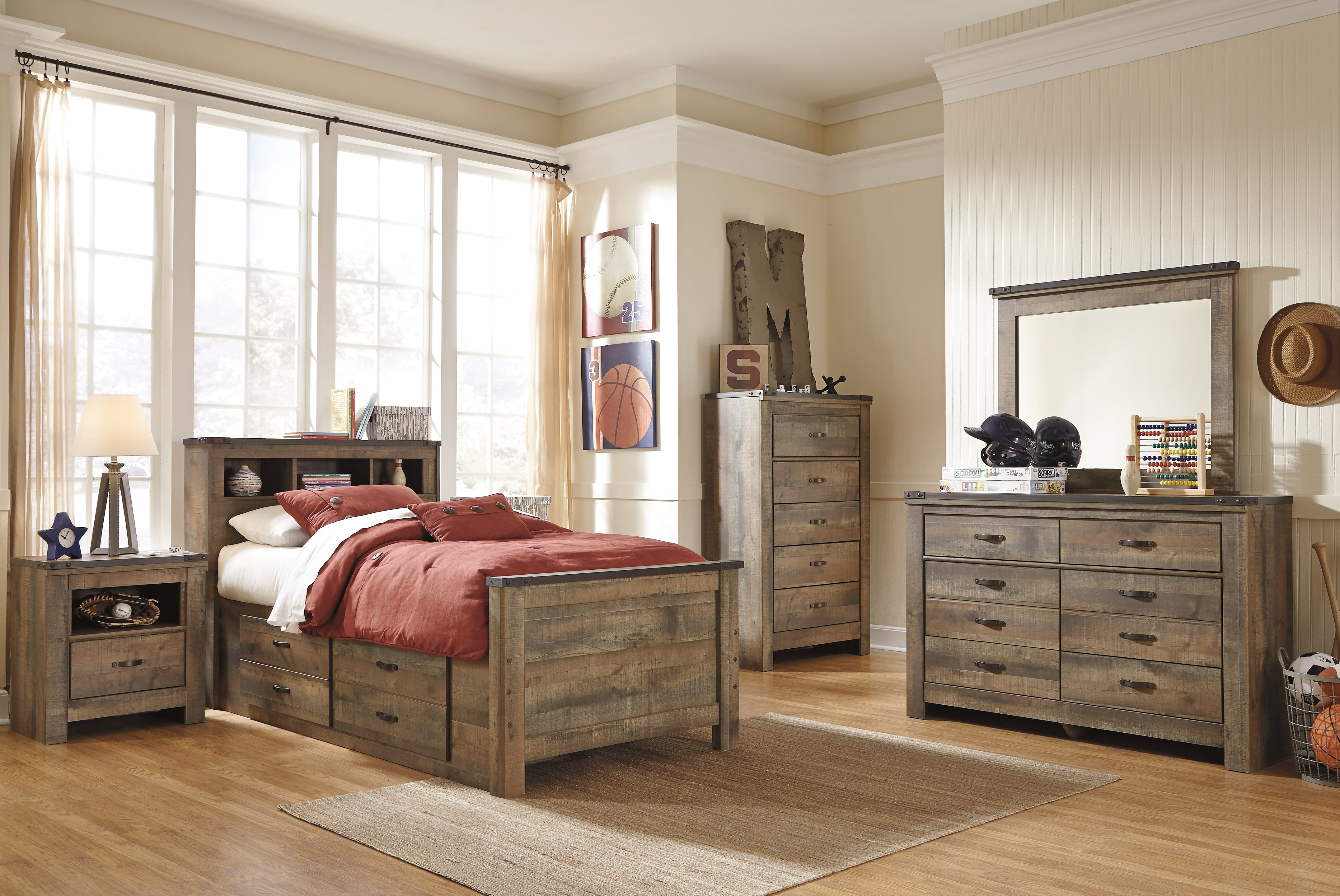 Furniture City Laplace - Ashley Furniture - Trinell Bedroom - Twin Bookcase Bed with 2 Storage Drawers / Brown - B446B17