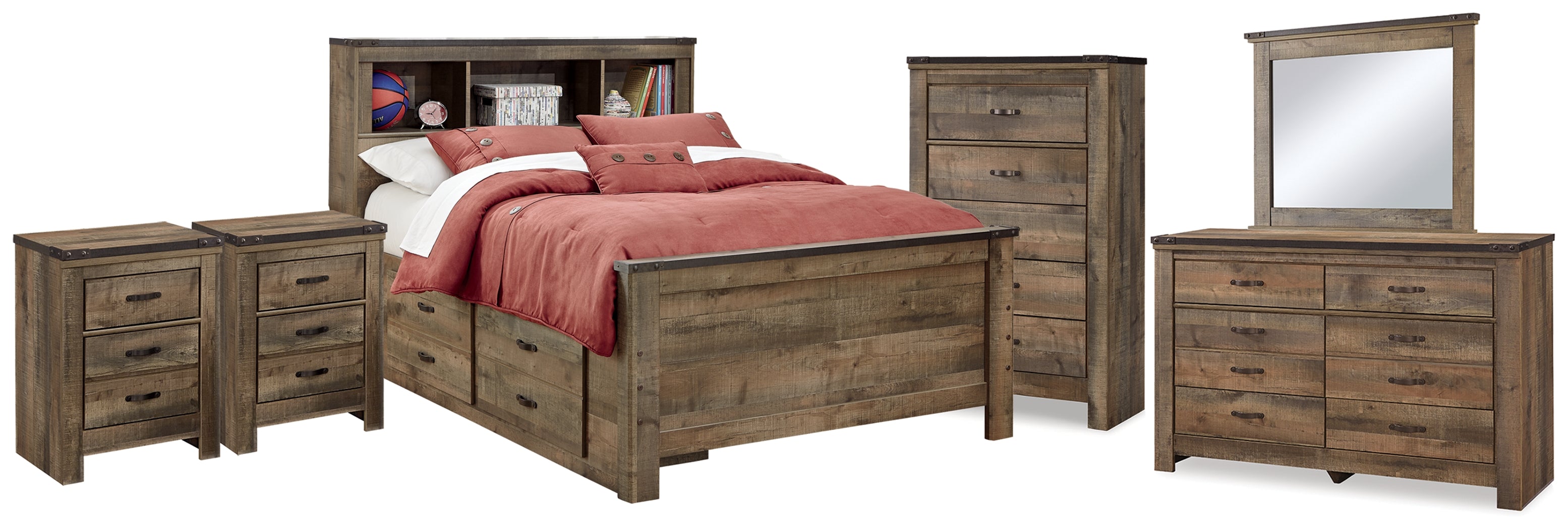 Furniture City Laplace - Ashley Furniture - Trinell Full Bookcase Storage Bed, Dresser, Mirror, Chest and 2 Nightstands - Full Bookcase Storage Bed, Dresser, Mirror, Chest and 2 Nightstands - B446B89