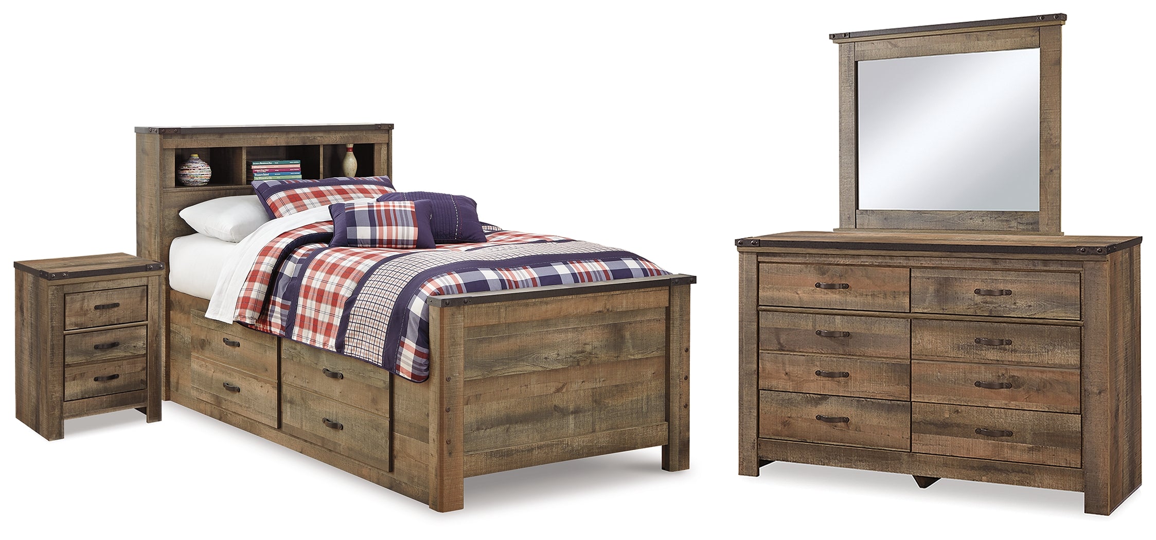 Furniture City Laplace - Ashley Furniture - Trinell Twin Bookcase Storage Bed, Dresser, Mirror and Nightstand - Twin Bookcase Storage Bed, Dresser, Mirror and Nightstand - B446B98