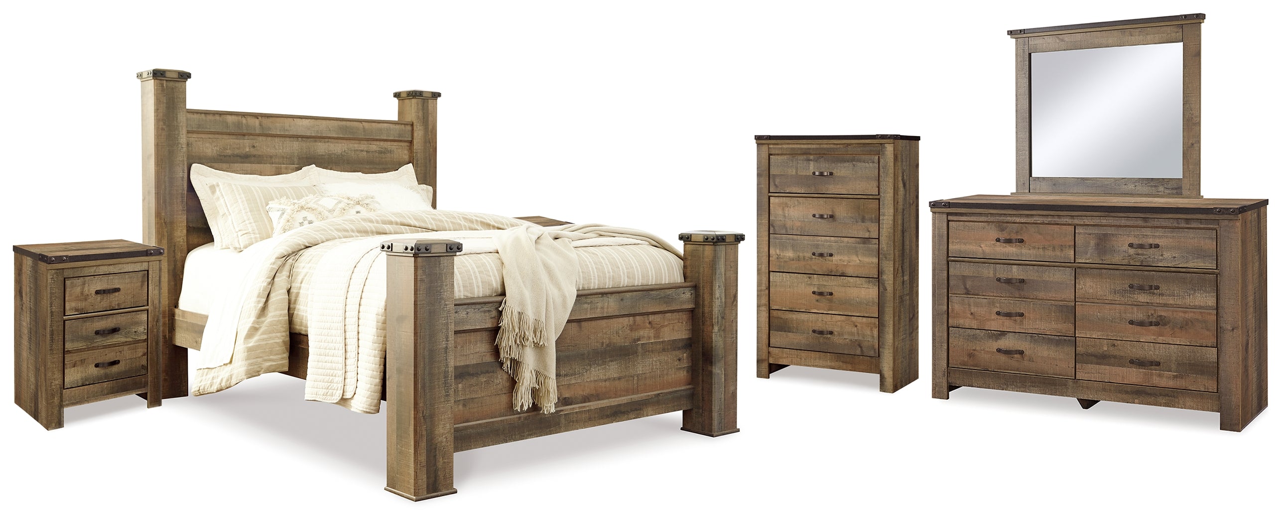Furniture City Laplace - Ashley Furniture - Trinell Queen Poster Bed, Dresser, Mirror, Chest and 2 Nightstands - Queen Poster Bed, Dresser, Mirror, Chest and 2 Nightstands - B446B80