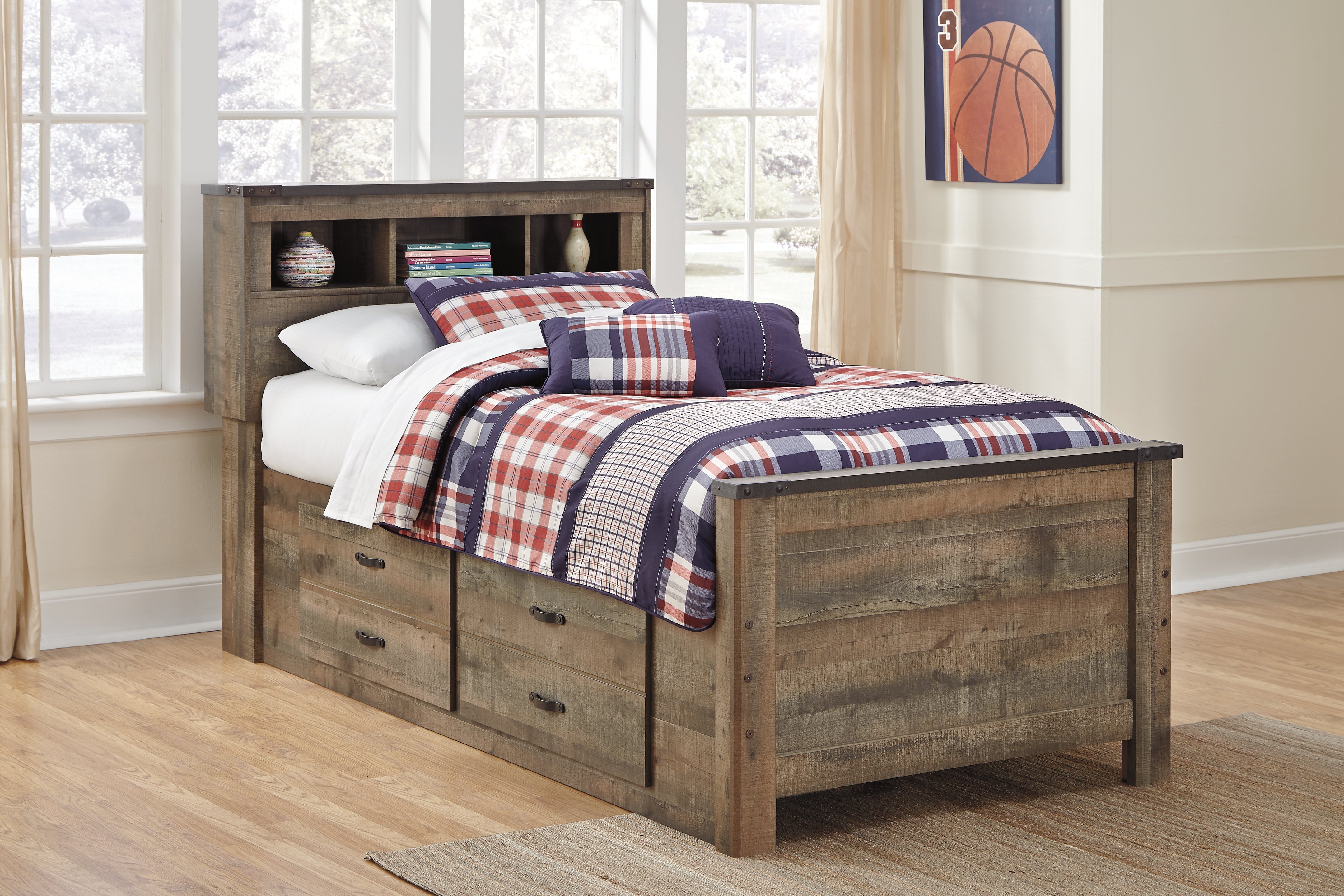 Furniture City Laplace - Ashley Furniture - Trinell Bedroom - Twin Bookcase Bed with 2 Storage Drawers / Brown - B446B17