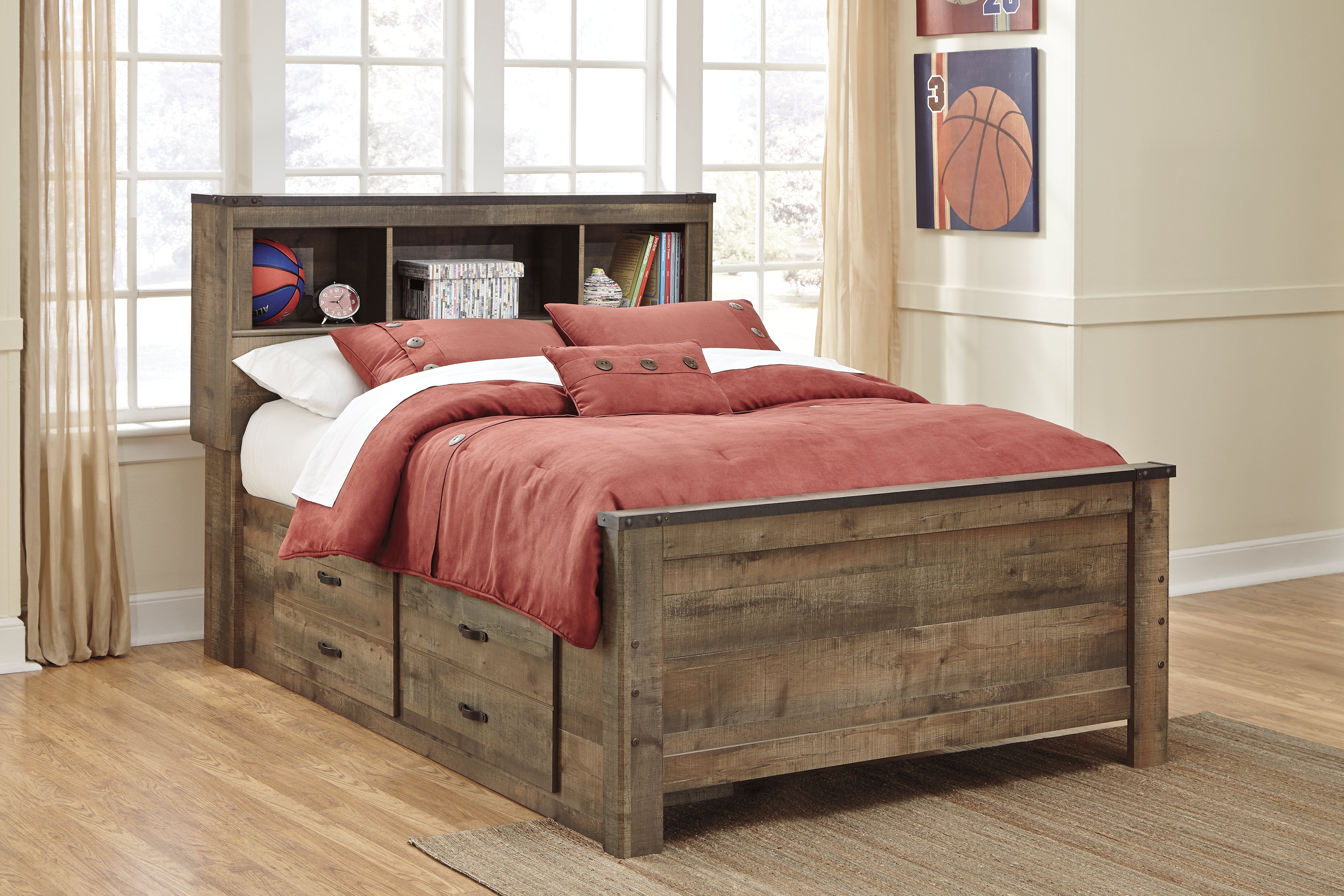 Furniture City Laplace - Ashley Furniture - Trinell Bedroom - Full Bookcase Bed with 2 Storage Drawers / Brown - B446B16