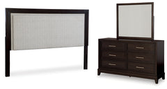 Neymorton Queen Upholstered Panel Headboard, Dresser and Mirror