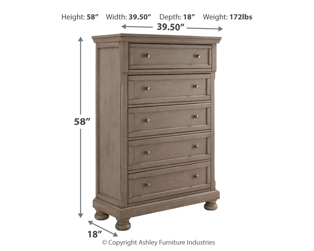 Furniture City Laplace - Ashley Furniture - Lettner Bedroom - Five Drawer Chest / Light Gray - B733-46