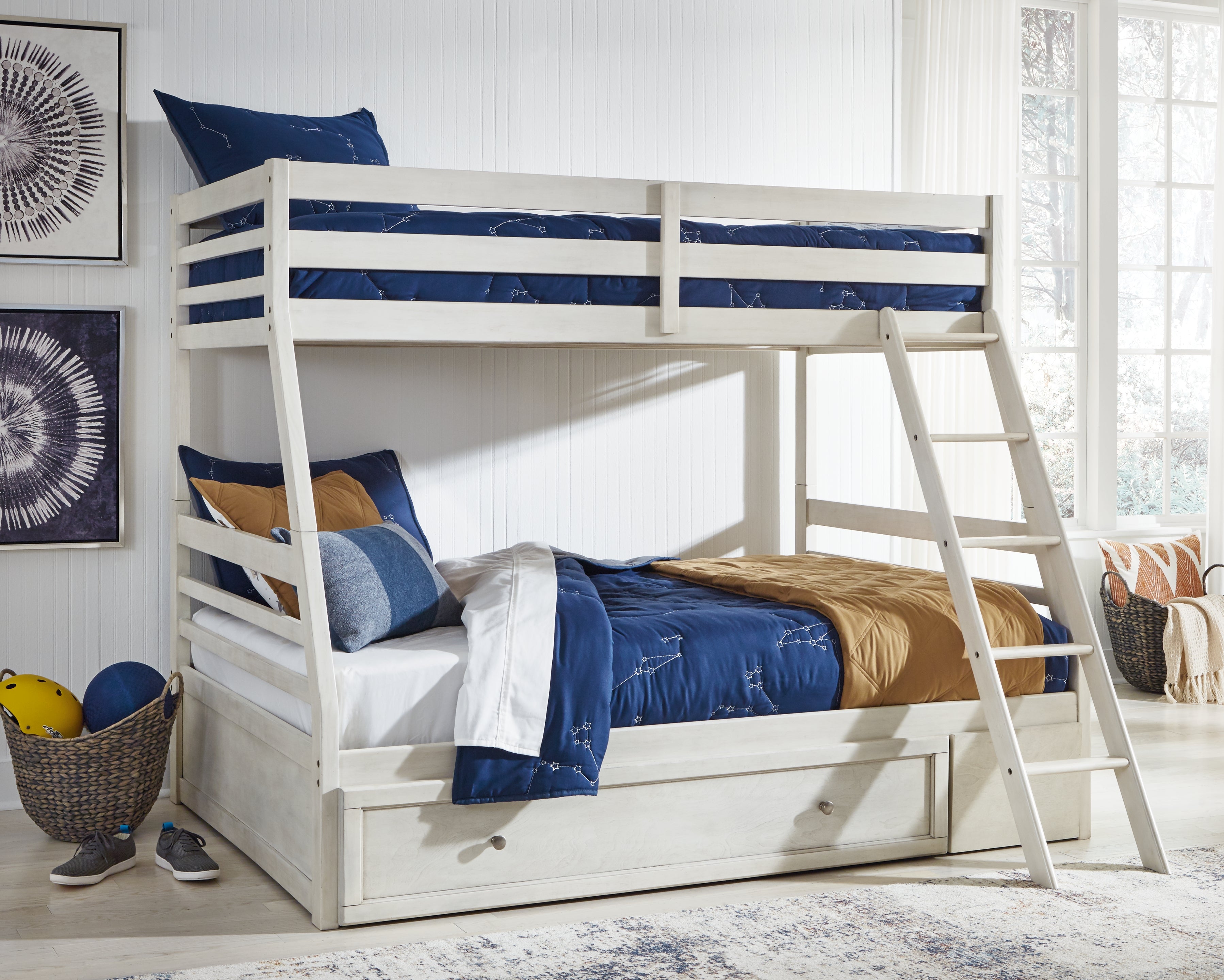 Furniture City Laplace - Ashley Furniture - Robbinsdale Bedroom - Twin over Full Bunk Bed with Storage / Antique White - B742B16