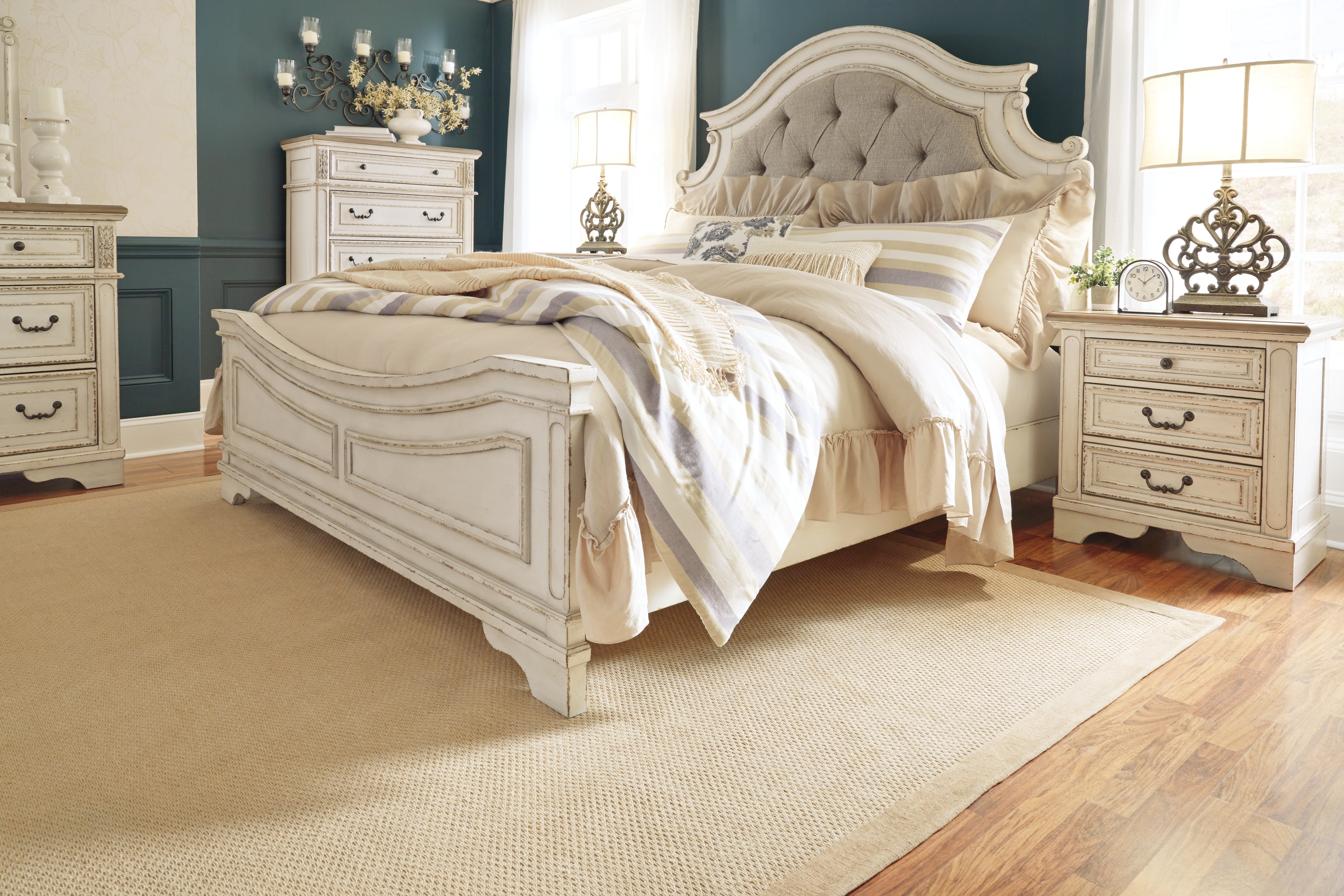 Furniture City Laplace - Ashley Furniture - Realyn Bedroom - King Upholstered Panel Bed / Chipped White - B743B6