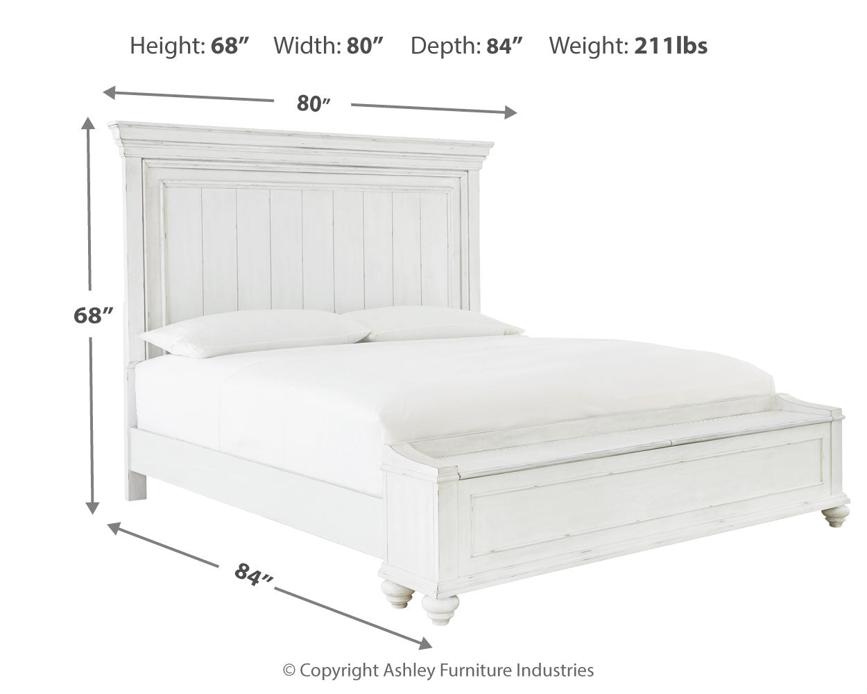 Furniture City Laplace - Ashley Furniture - Kanwyn Bedroom - King Panel Bed with Storage Bench / Whitewash - B777B9