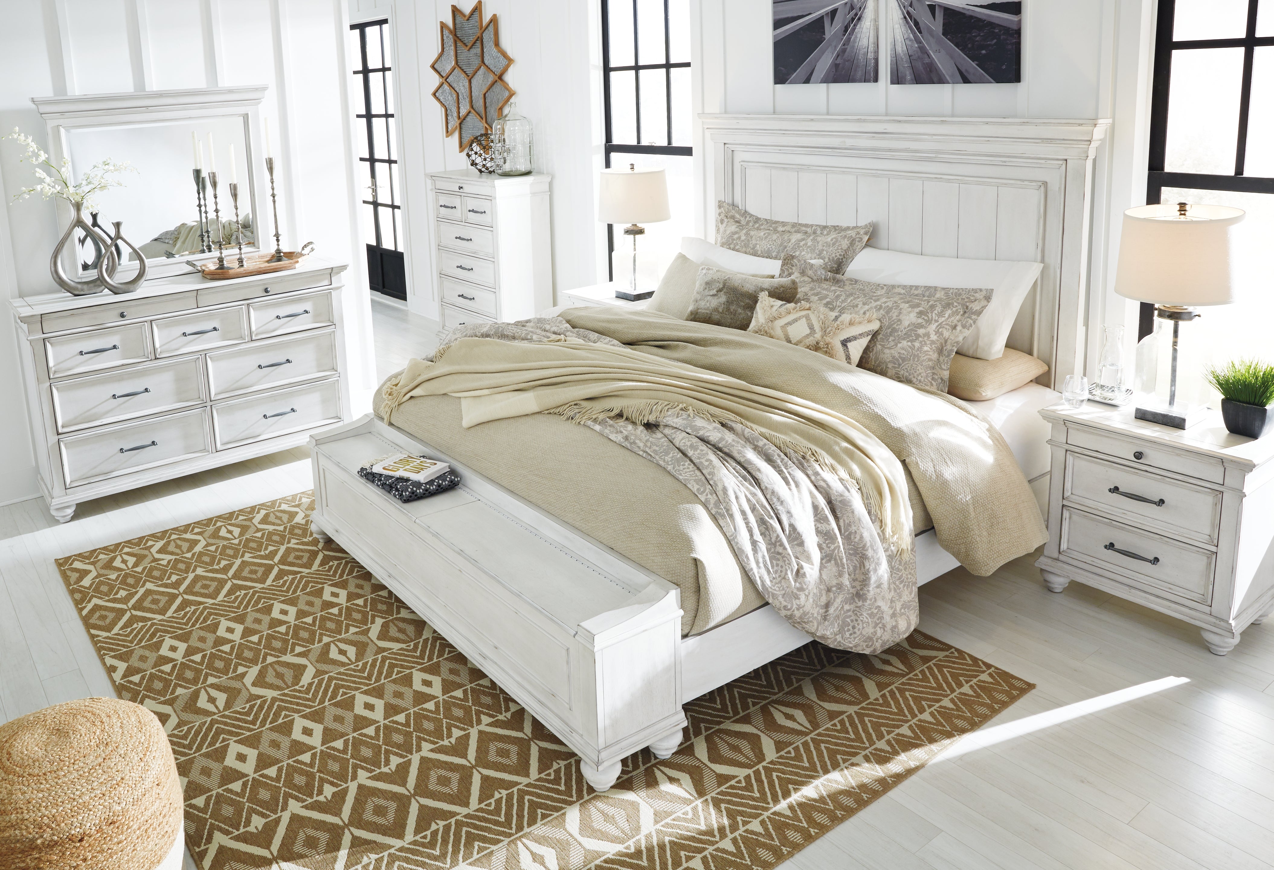 Furniture City Laplace - Ashley Furniture - Kanwyn Bedroom - California King Panel Bed with Storage Bench / Whitewash - B777B12