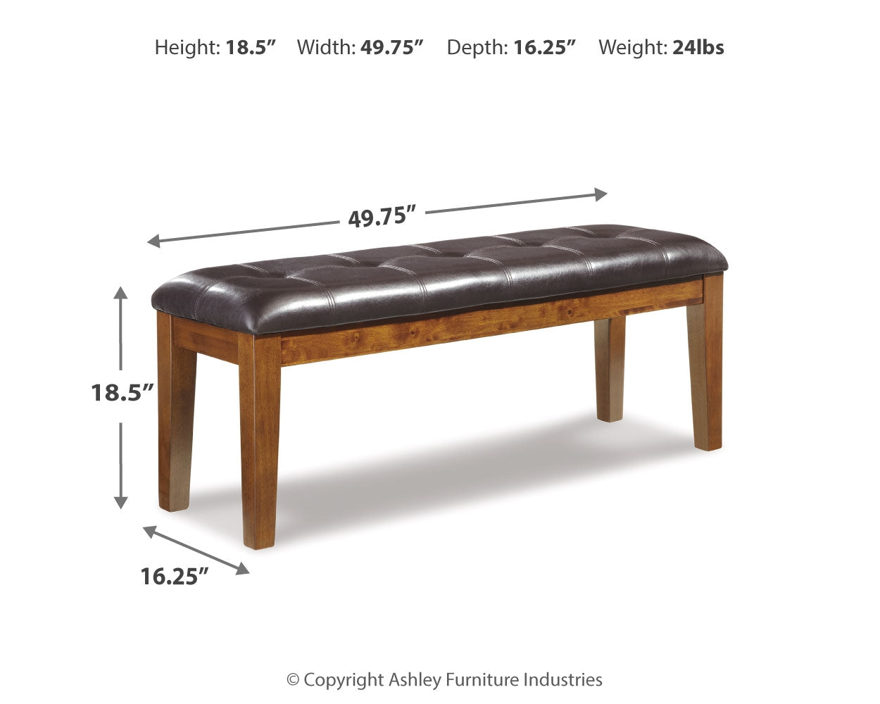 Furniture City Laplace - Ashley Furniture - Ralene Dining Bench - Large UPH Dining Room Bench / Medium Brown / 50"W x 16"D x 19"H - D594-00