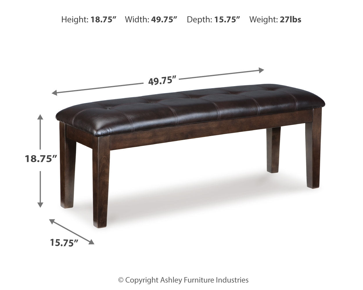 Furniture City Laplace - Ashley Furniture - Haddigan Dining Bench - Large UPH Dining Room Bench / Dark Brown / 50"W x 16"D x 19"H - D596-00