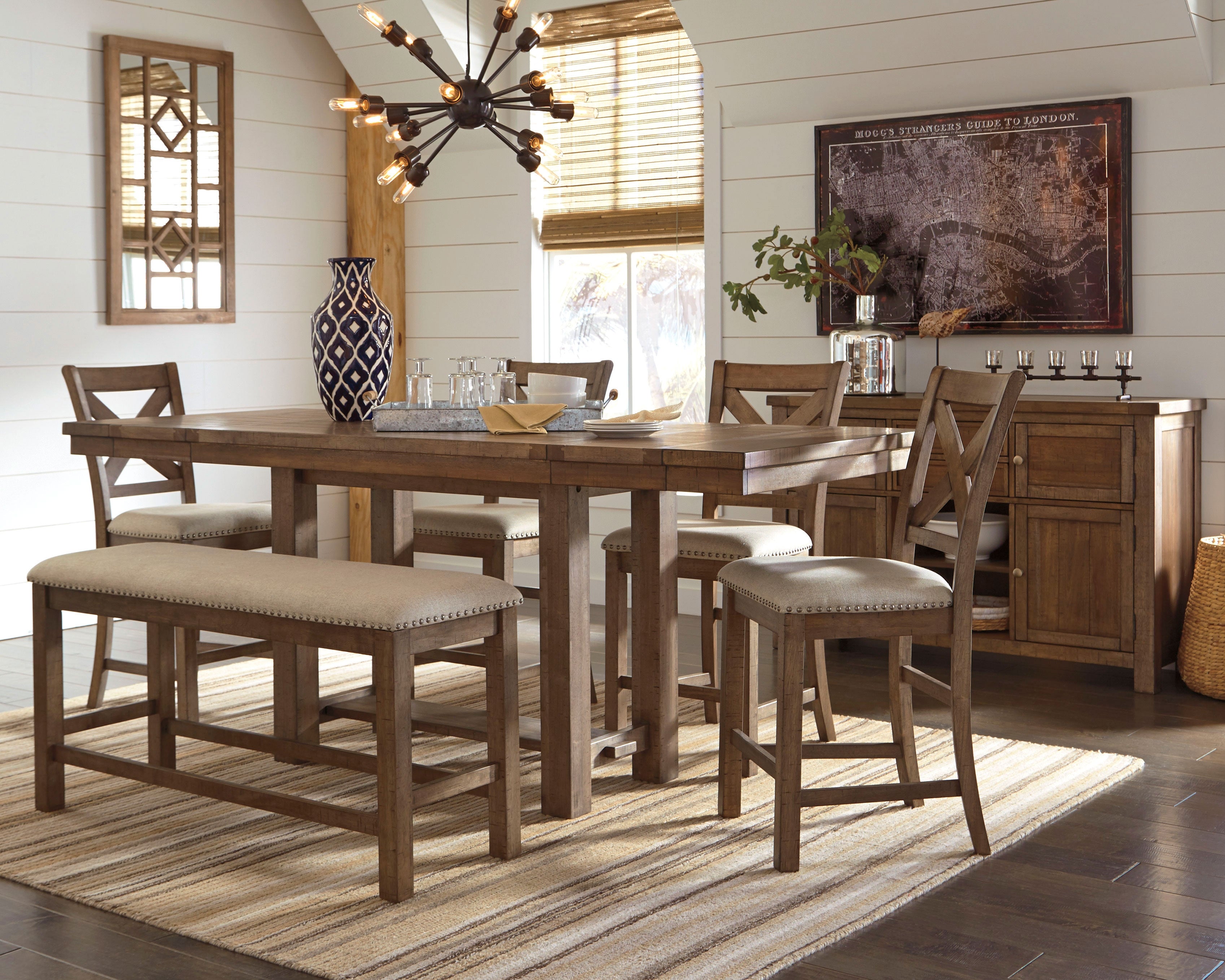 Furniture City Laplace - Ashley Furniture - Moriville Counter Height Dining Table with 4 Barstools, Bench, and Server - Counter Height Dining Table with 4 Barstools, Bench, and Server - D631D4