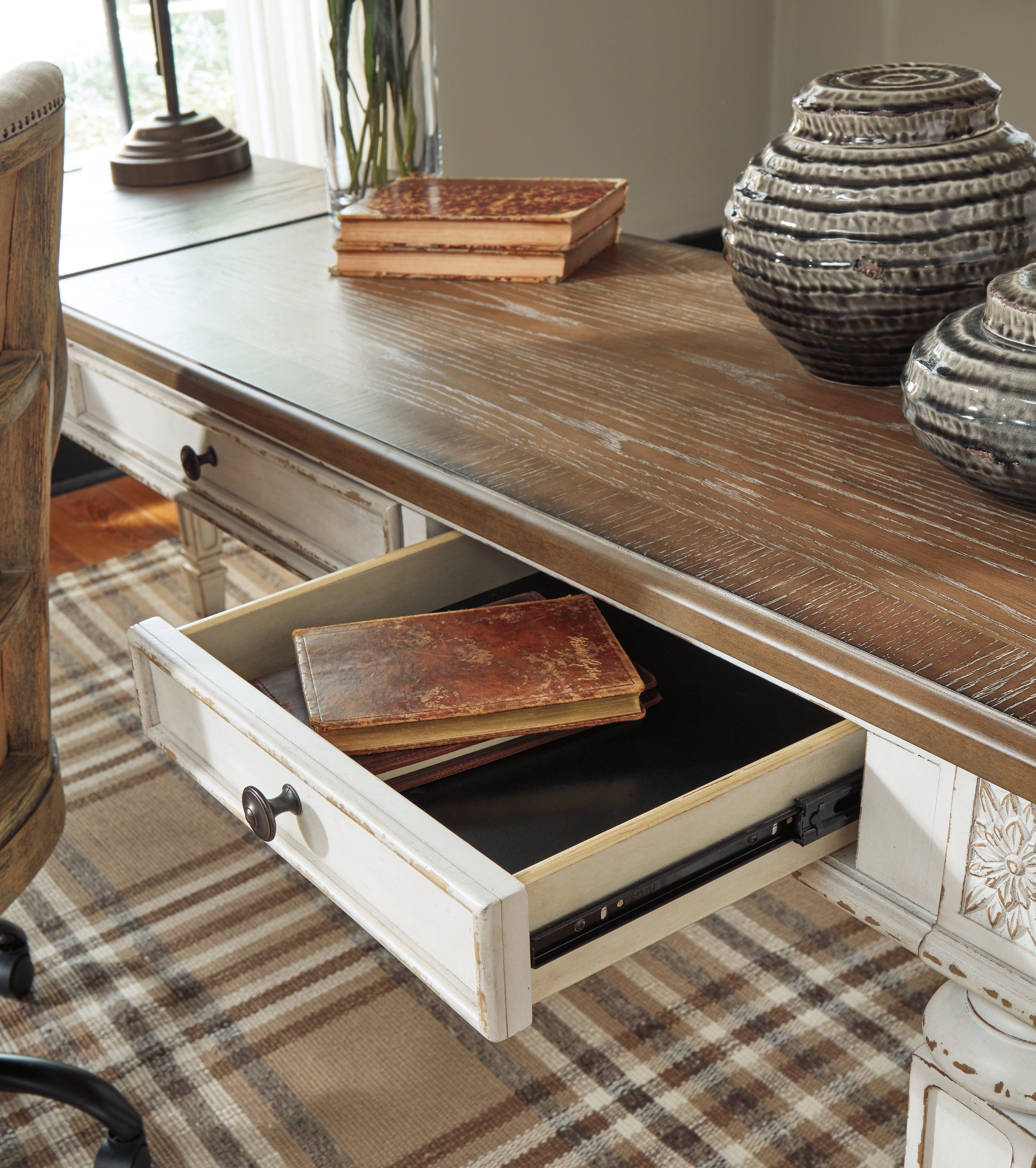 Furniture City Laplace - Ashley Furniture - Realyn Office Desk - Home Office Lift Top Desk / White/Brown - H743-134