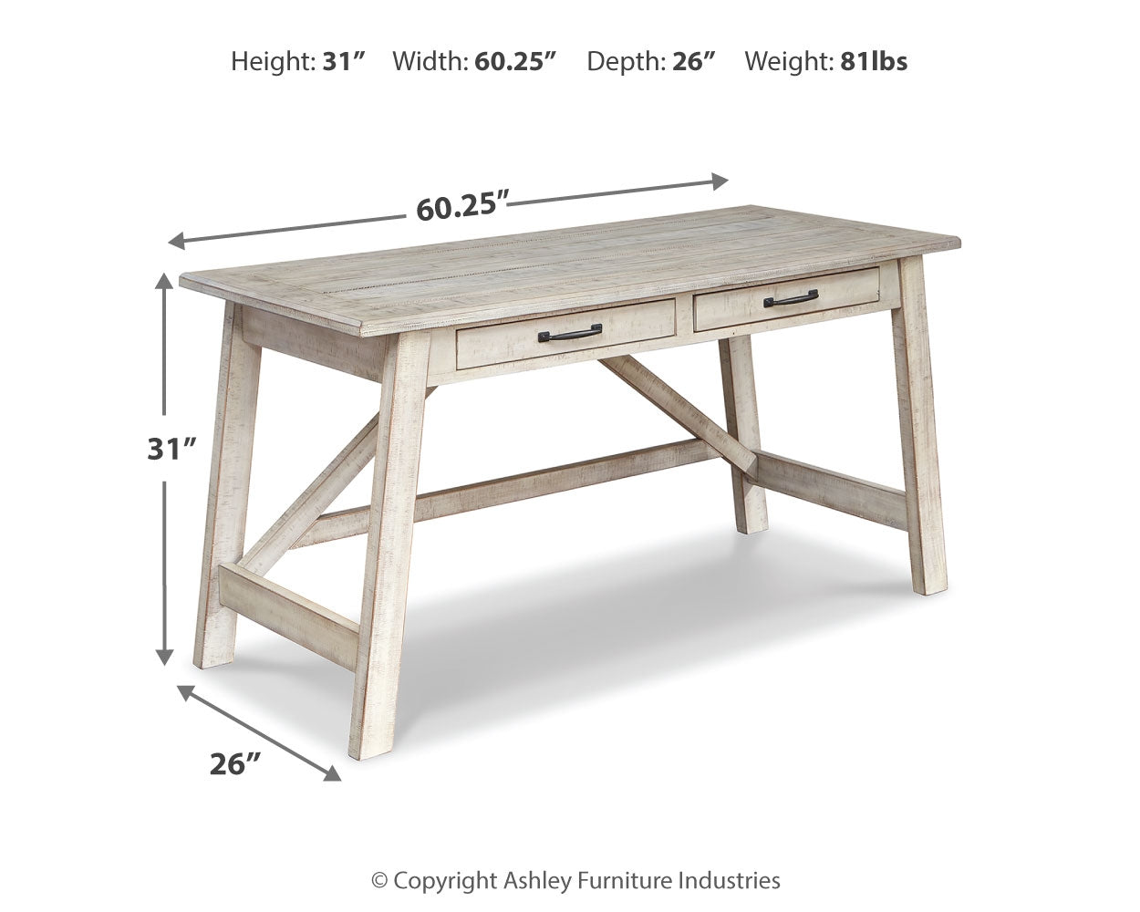 Furniture City Laplace - Ashley Furniture - Carynhurst Office Desk - Home Office Large Leg Desk / Whitewash - H755-44