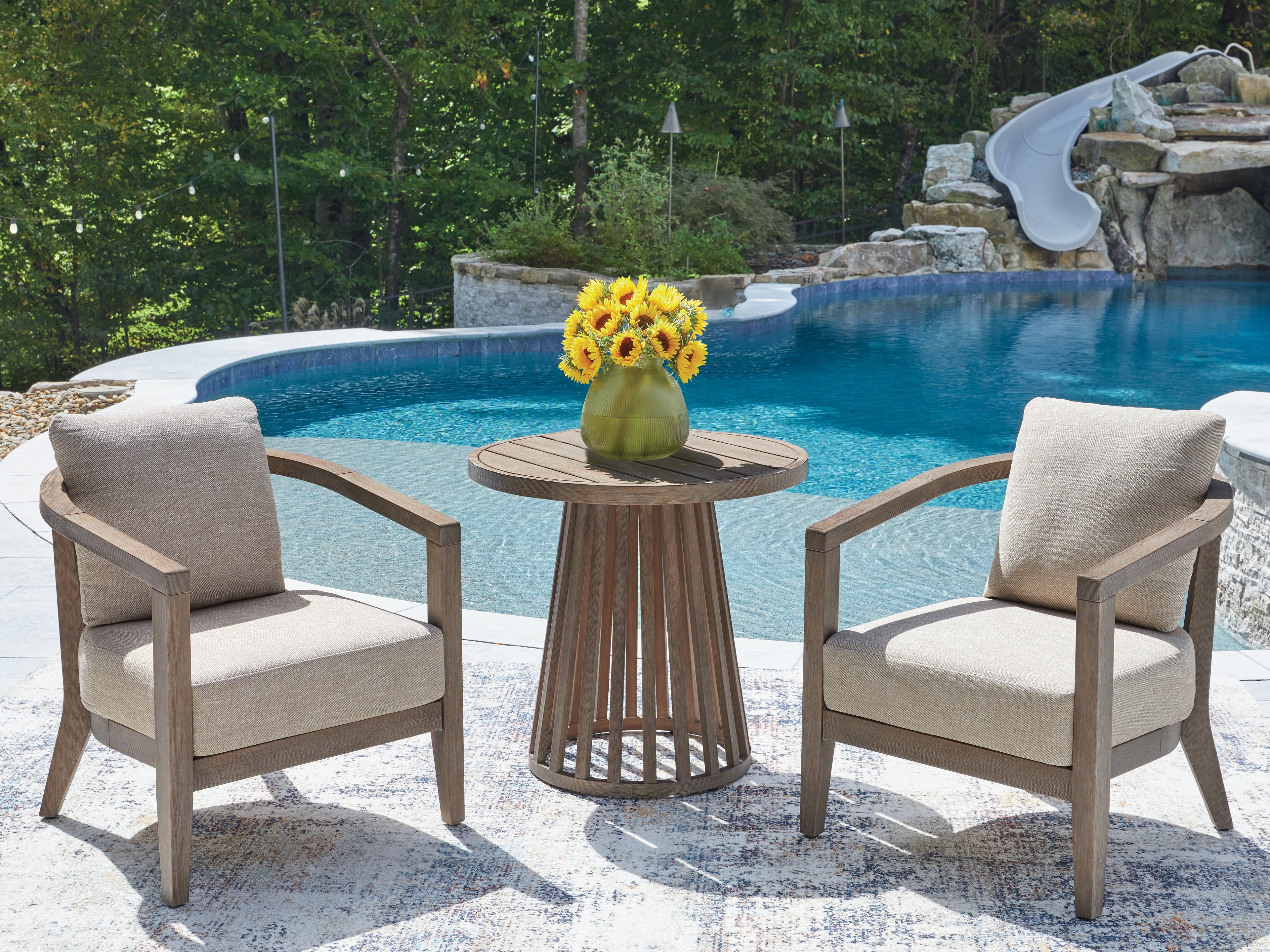 Furniture City Laplace - Ashley Furniture - Joy Lagoon Outdoor Chairs with Cushions/Table (Set of 3) - Chairs w/CUSH/Table Set (3/CN) - PCP310-050