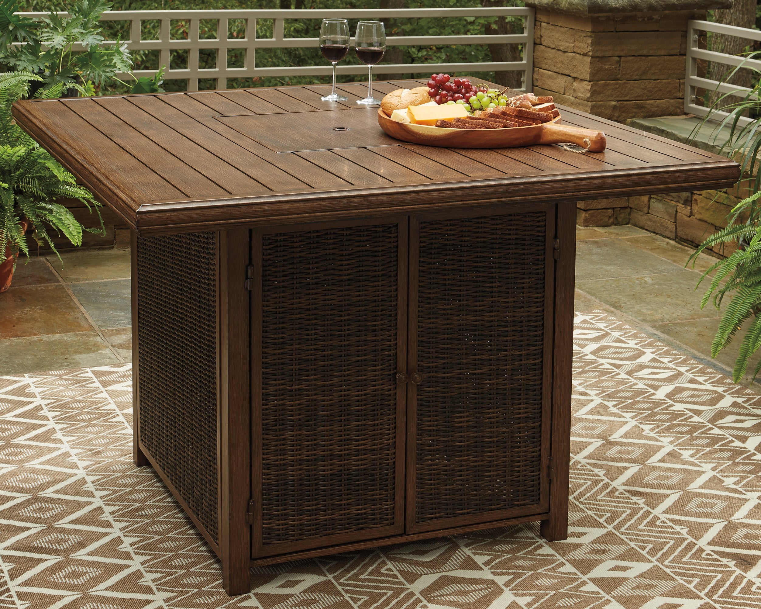Furniture City Laplace - Ashley Furniture - Paradise Trail Outdoor - Square Bar Table w/Fire Pit / Medium Brown - P750-665