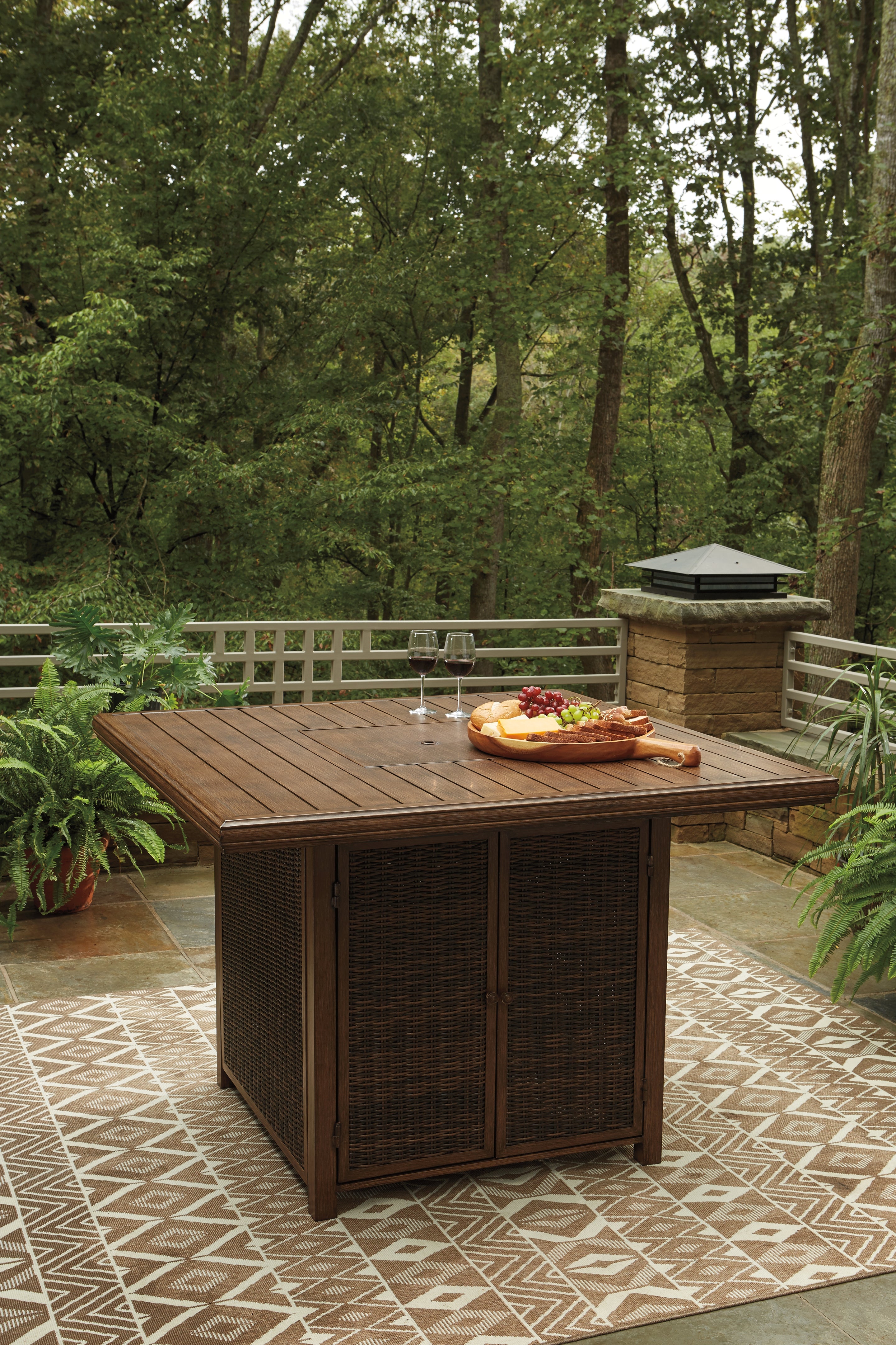 Furniture City Laplace - Ashley Furniture - Paradise Trail Outdoor - Square Bar Table w/Fire Pit / Medium Brown - P750-665
