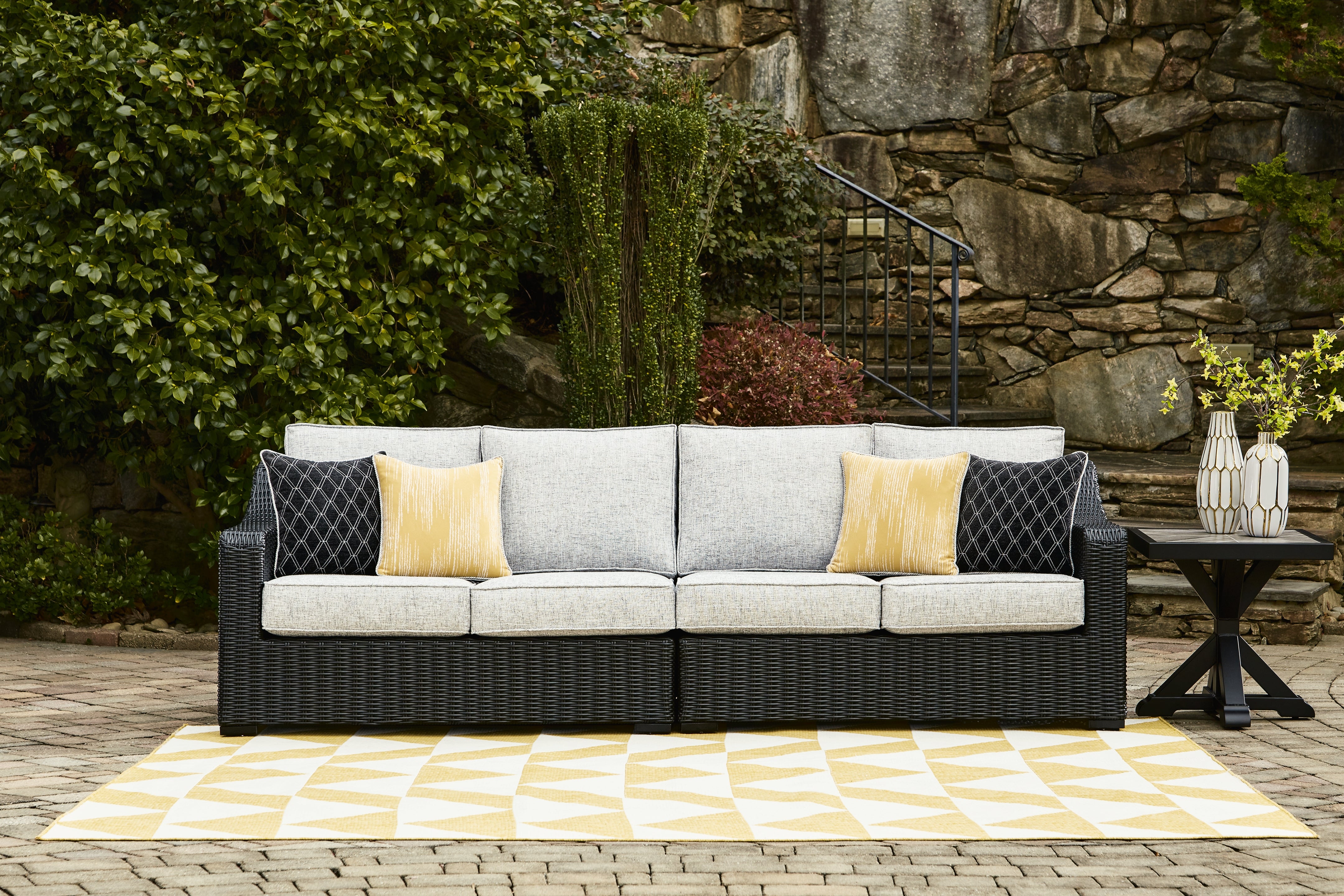 Furniture City Laplace - Ashley Furniture - Beachcroft 2-Piece Outdoor Loveseat with Cushion - RAF/LAF Loveseat w/CUSH (Set of 2) / Black/Light Gray - P792-854
