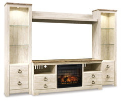 Furniture City Laplace - Ashley Furniture - Willowton 4-Piece Entertainment Center with Electric Fireplace - 4-Piece Entertainment Center with Electric Fireplace / Whitewash - W267W9