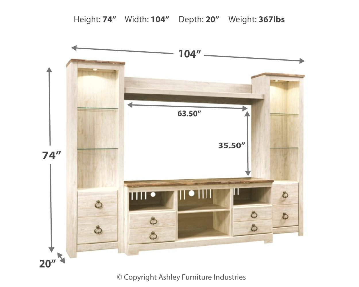 Furniture City Laplace - Ashley Furniture - Willowton Entertainment Center - 4-Piece Entertainment Center / Whitewash - W267W3