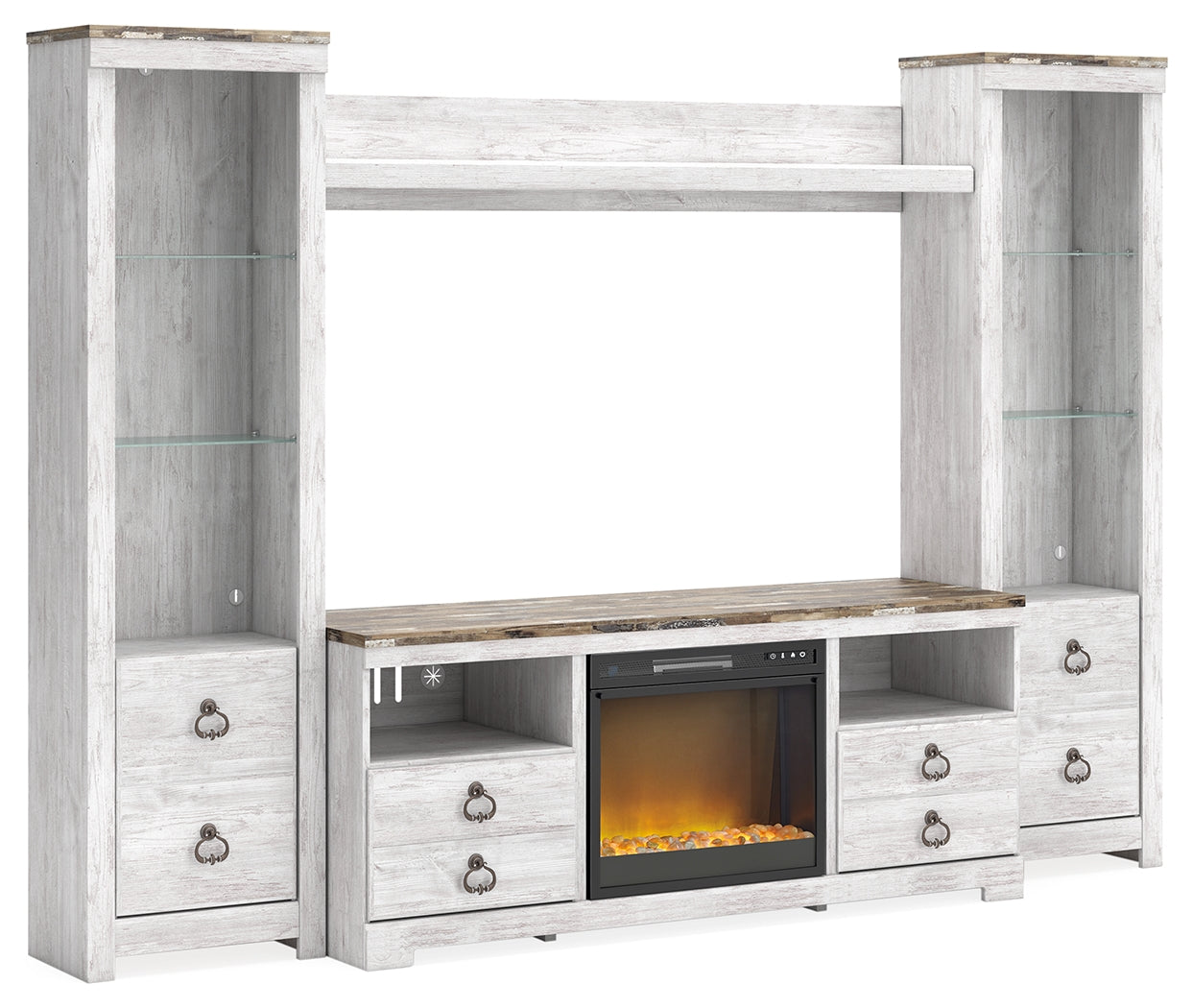 Furniture City Laplace - Ashley Furniture - Willowton 4-Piece Entertainment Center with Electric Fireplace - 4-Piece Entertainment Center with Electric Fireplace / Whitewash - W267W4