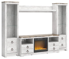 Furniture City Laplace - Ashley Furniture - Willowton 4-Piece Entertainment Center with Electric Fireplace - 4-Piece Entertainment Center with Electric Fireplace / Whitewash - W267W4