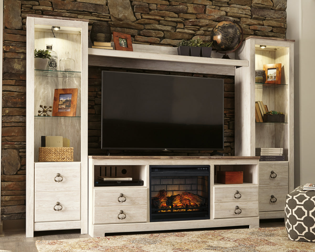 Furniture City Laplace - Ashley Furniture - Willowton 4-Piece Entertainment Center with Electric Fireplace - 4-Piece Entertainment Center with Electric Fireplace / Whitewash - W267W9