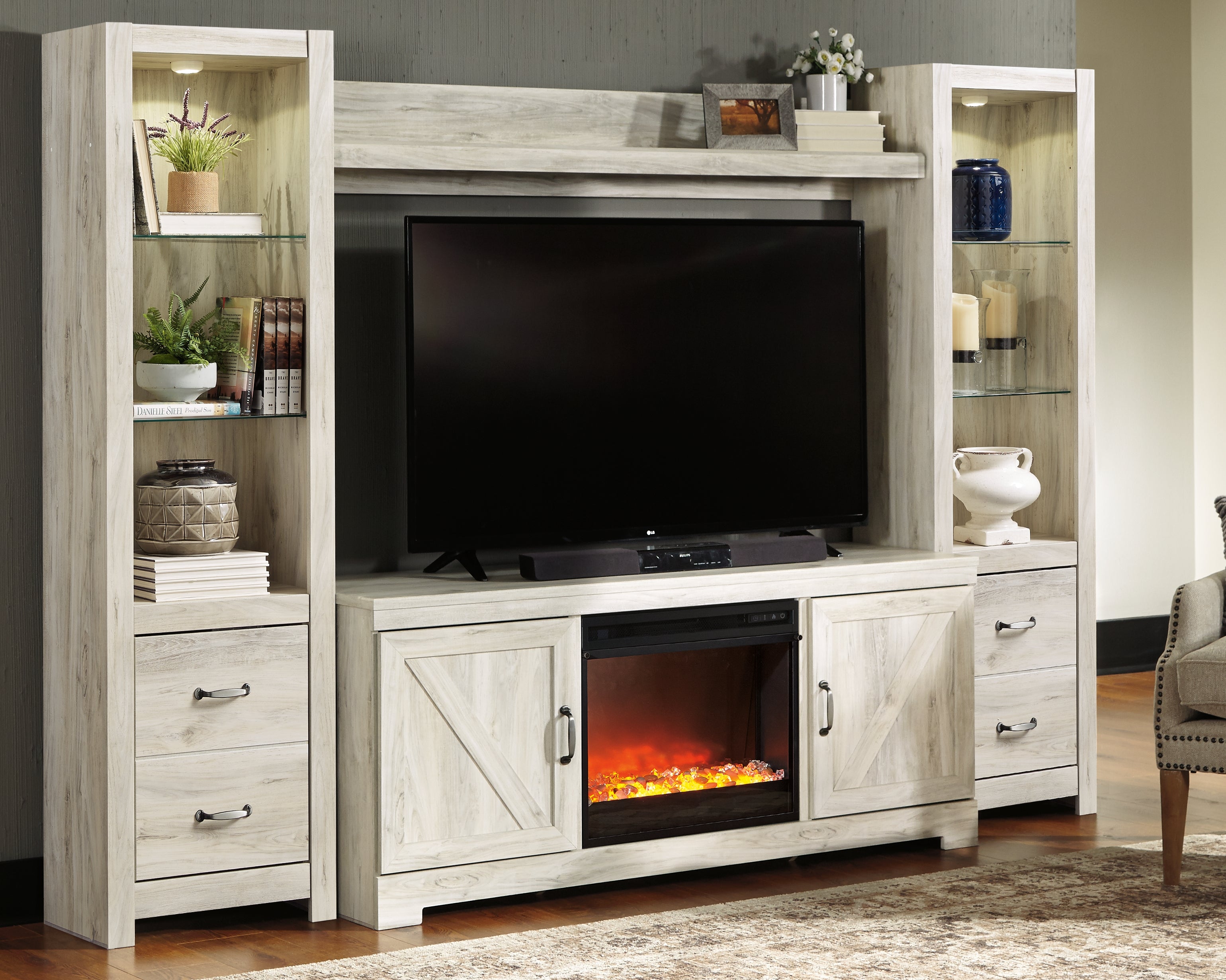 Furniture City Laplace - Ashley Furniture - Bellaby 4-Piece Entertainment Center with Fireplace - 4-Piece Entertainment Center with Fireplace / Whitewash - W331W5