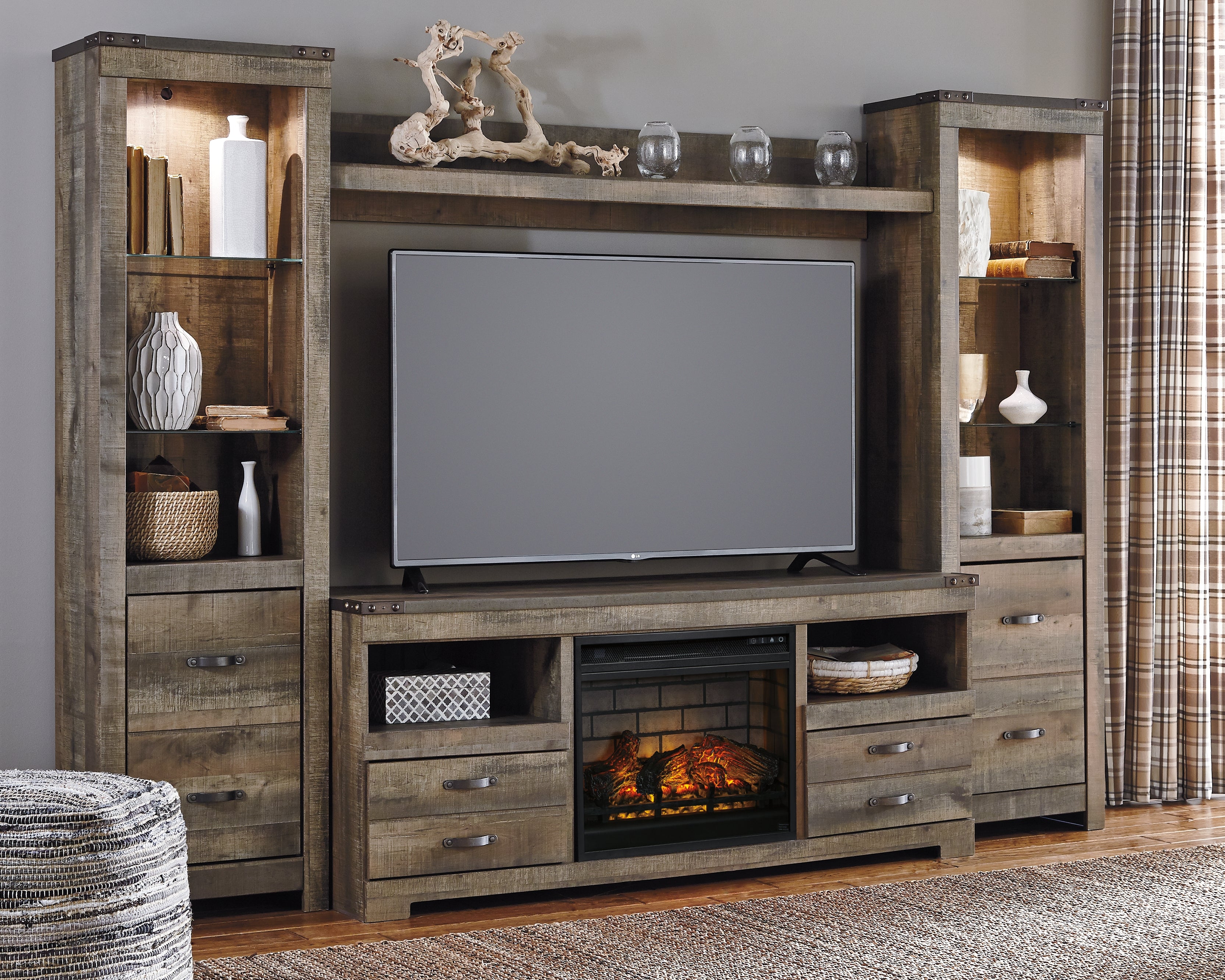 Furniture City Laplace - Ashley Furniture - Trinell 4-Piece Entertainment Center with Electric Fireplace - 4-Piece Entertainment Center with Electric Fireplace / Brown - W446W8
