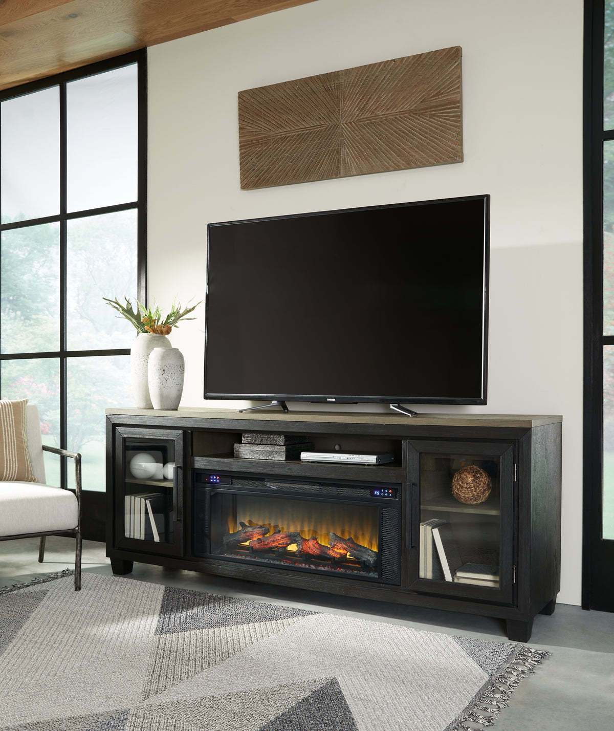 Furniture City Laplace - Ashley Furniture - Foyland 83" TV Stand with Electric Fireplace - 83" TV Stand with Electric Fireplace / Black/Brown - W989W1